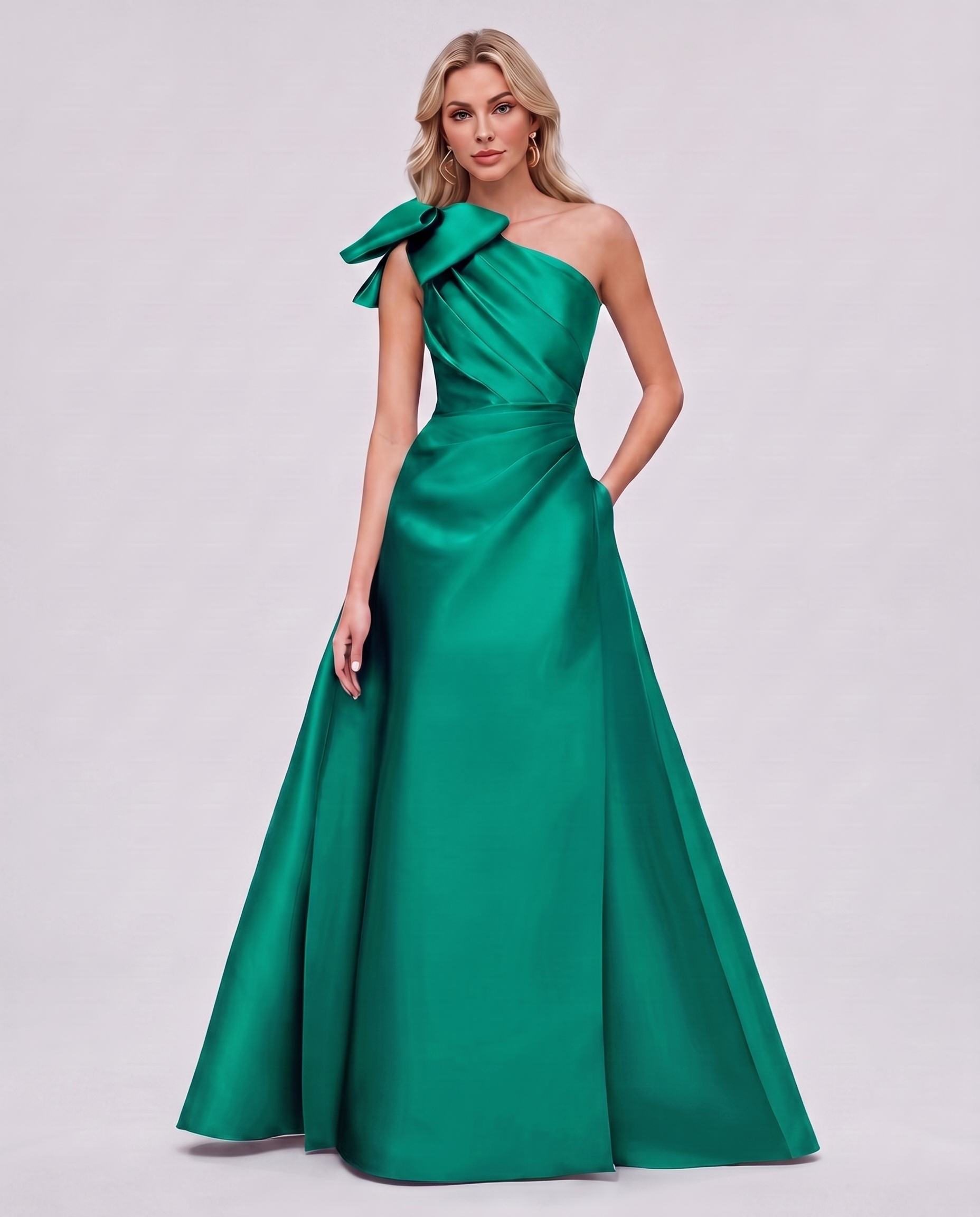 Satin Sleeveless One-Shoulder A-Line Maxi Dress with Bow for Prom, Party, Cocktail, Evening, Wedding Guest & Summer Events, f