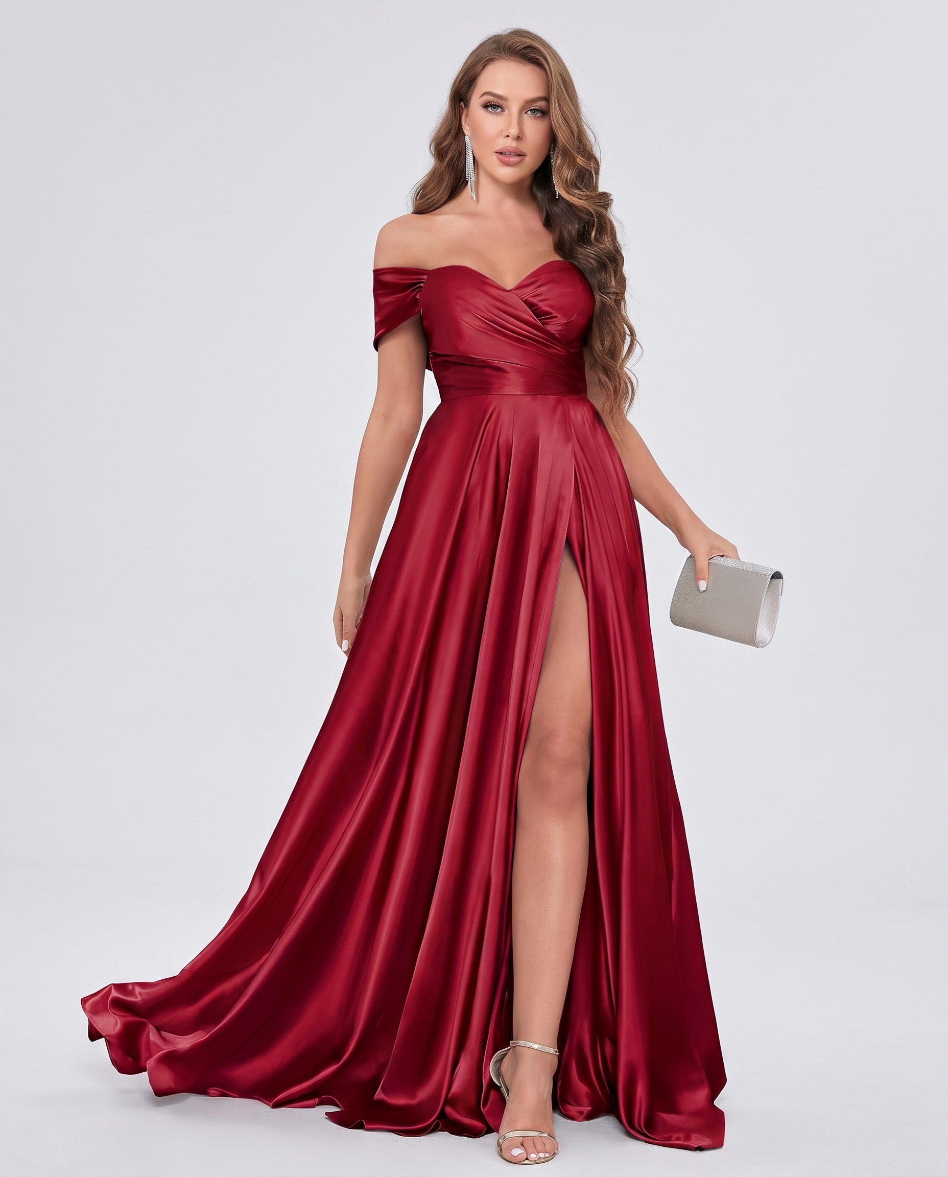 Satin Off-the-Shoulder Sweetheart A-Line Maxi Dress with Slit for Party, Cocktail, Evening, Wedding Guest, Bridesmaid & Summe