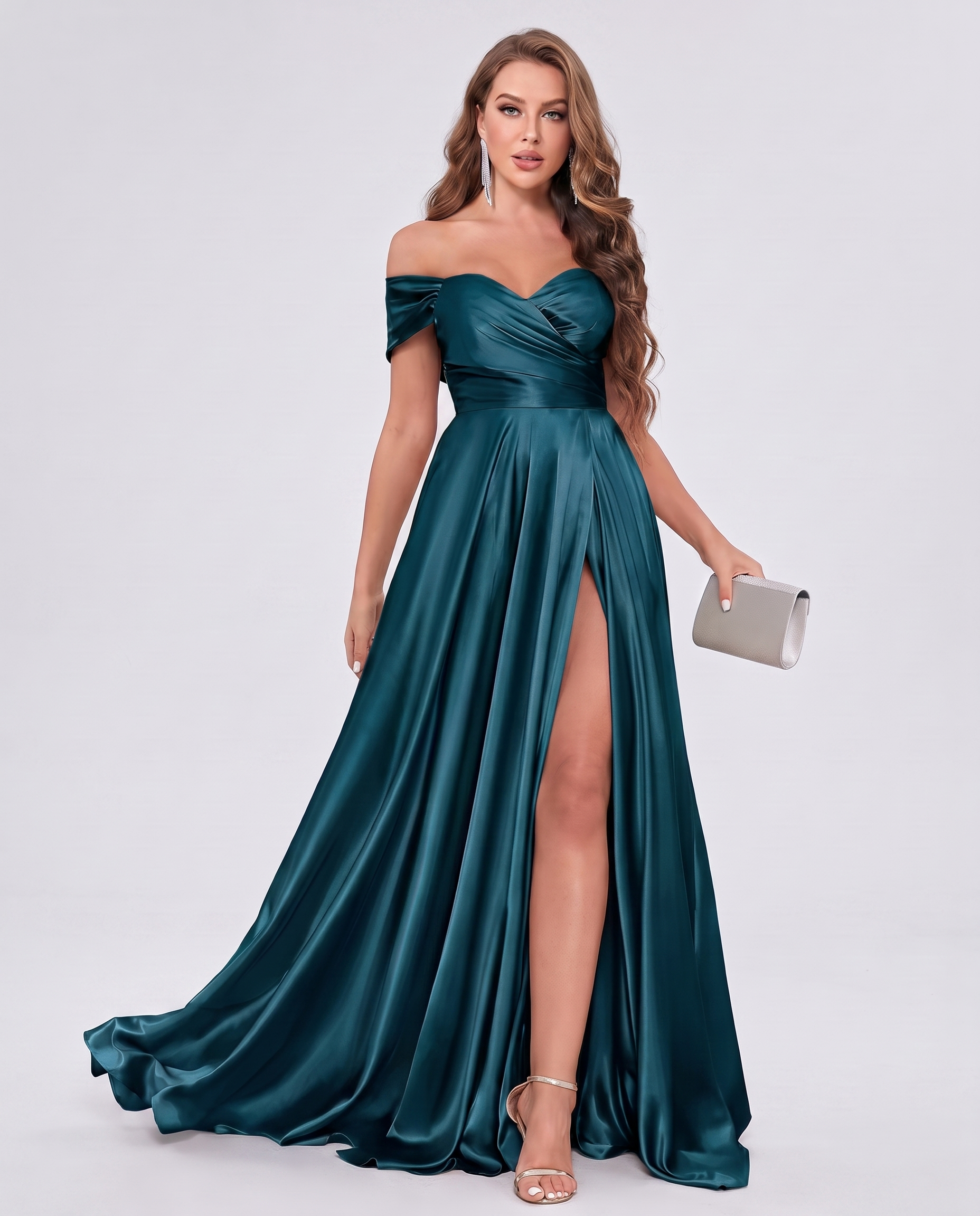 Satin Off-the-Shoulder Sweetheart A-Line Maxi Dress with Slit for Party, Cocktail, Evening, Wedding Guest, Bridesmaid & Summe