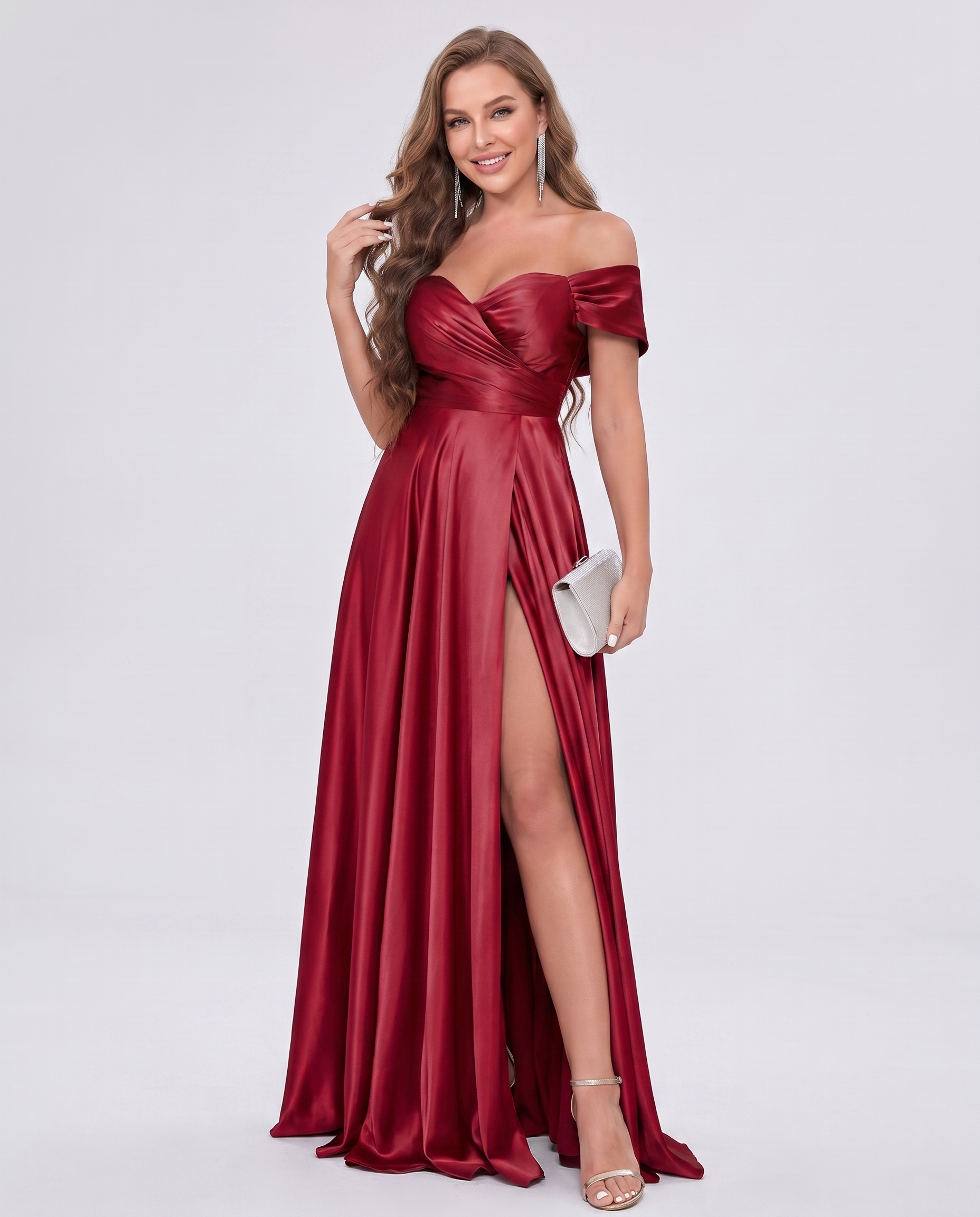 Satin Off-the-Shoulder Sweetheart A-Line Maxi Dress with Slit for Party, Cocktail, Evening, Wedding Guest, Bridesmaid & Summe