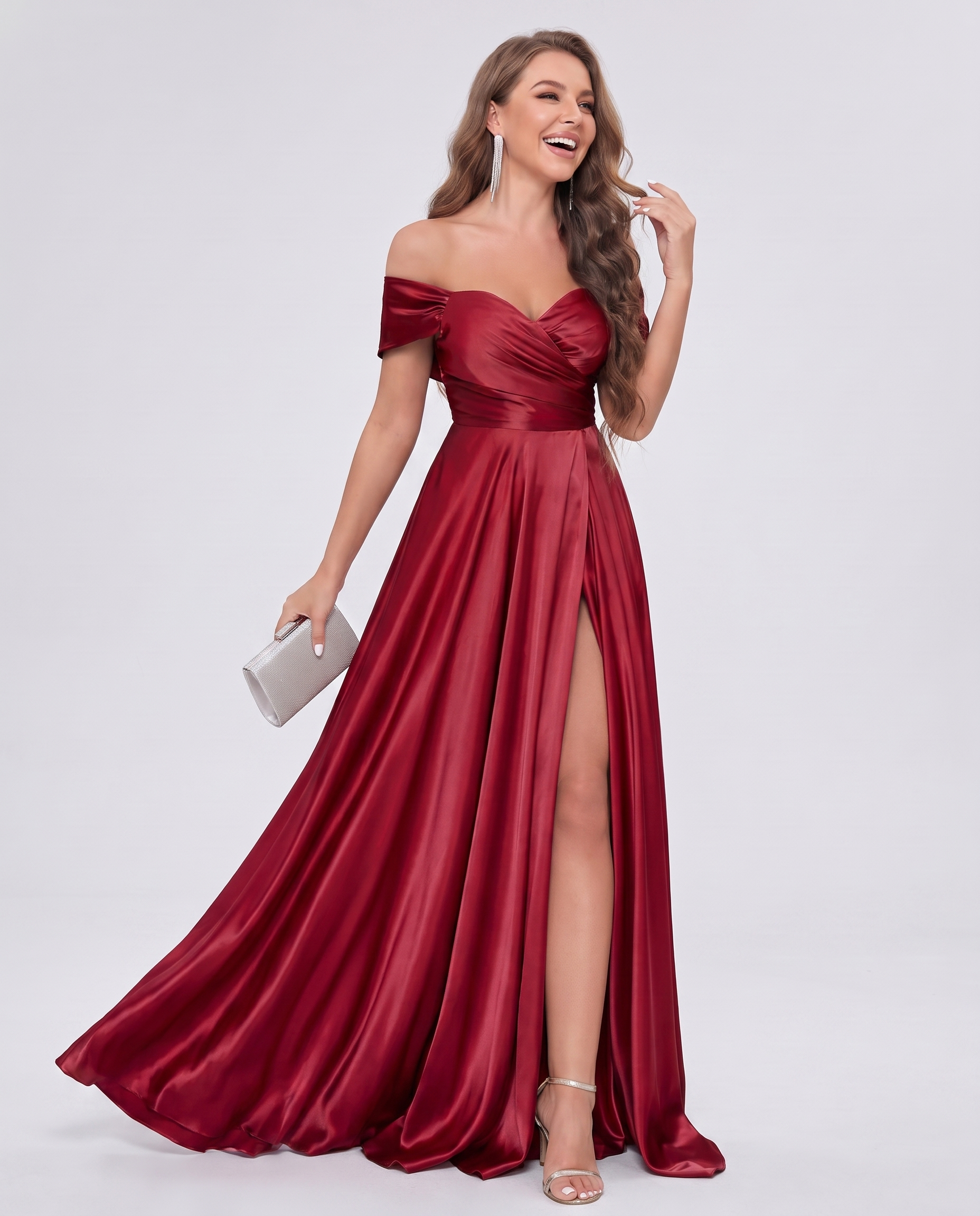 Satin Off-the-Shoulder Sweetheart A-Line Maxi Dress with Slit for Party, Cocktail, Evening, Wedding Guest, Bridesmaid & Summe