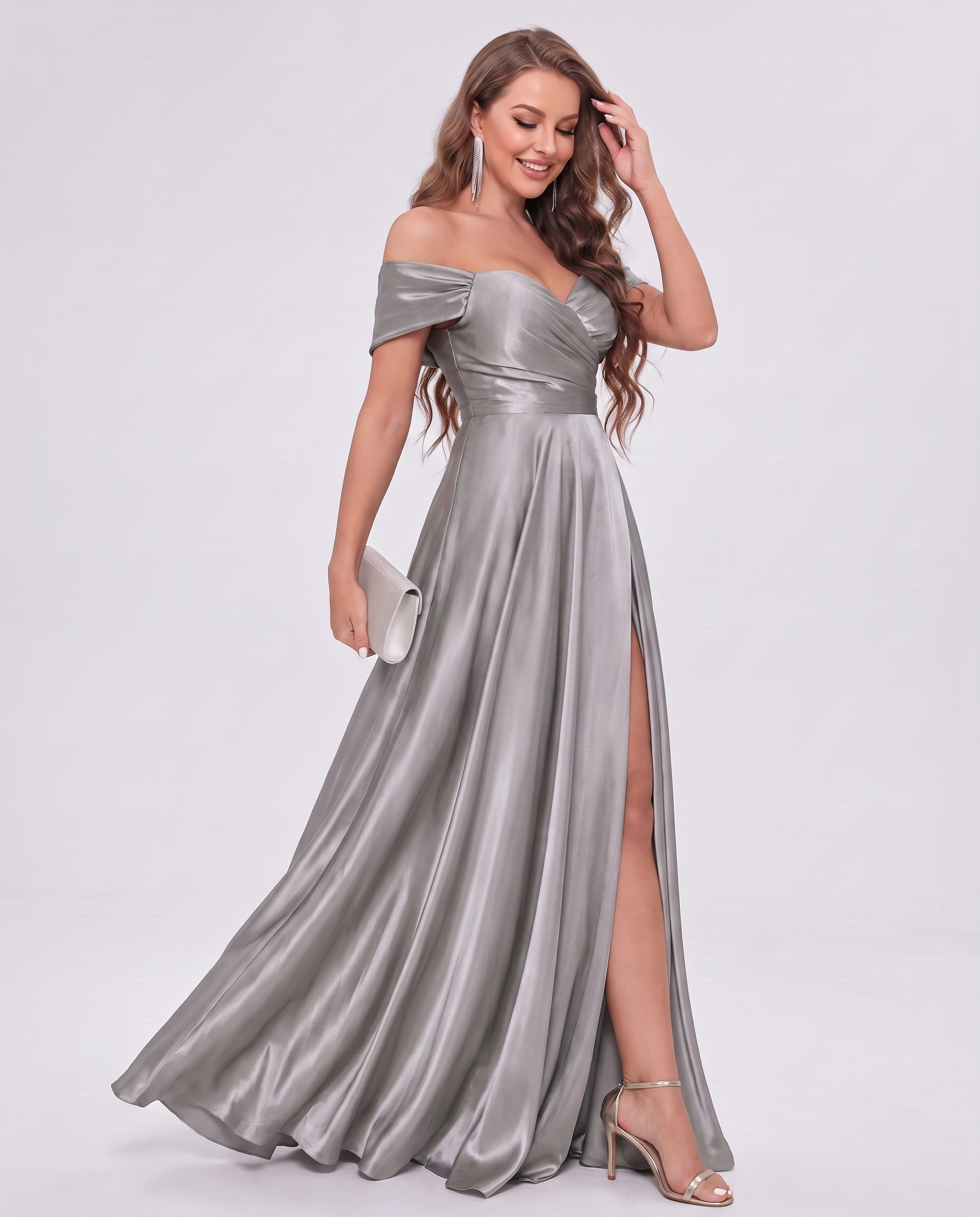 Satin Off-the-Shoulder Sweetheart A-Line Maxi Dress with Slit for Party, Cocktail, Evening, Wedding Guest, Bridesmaid & Summe