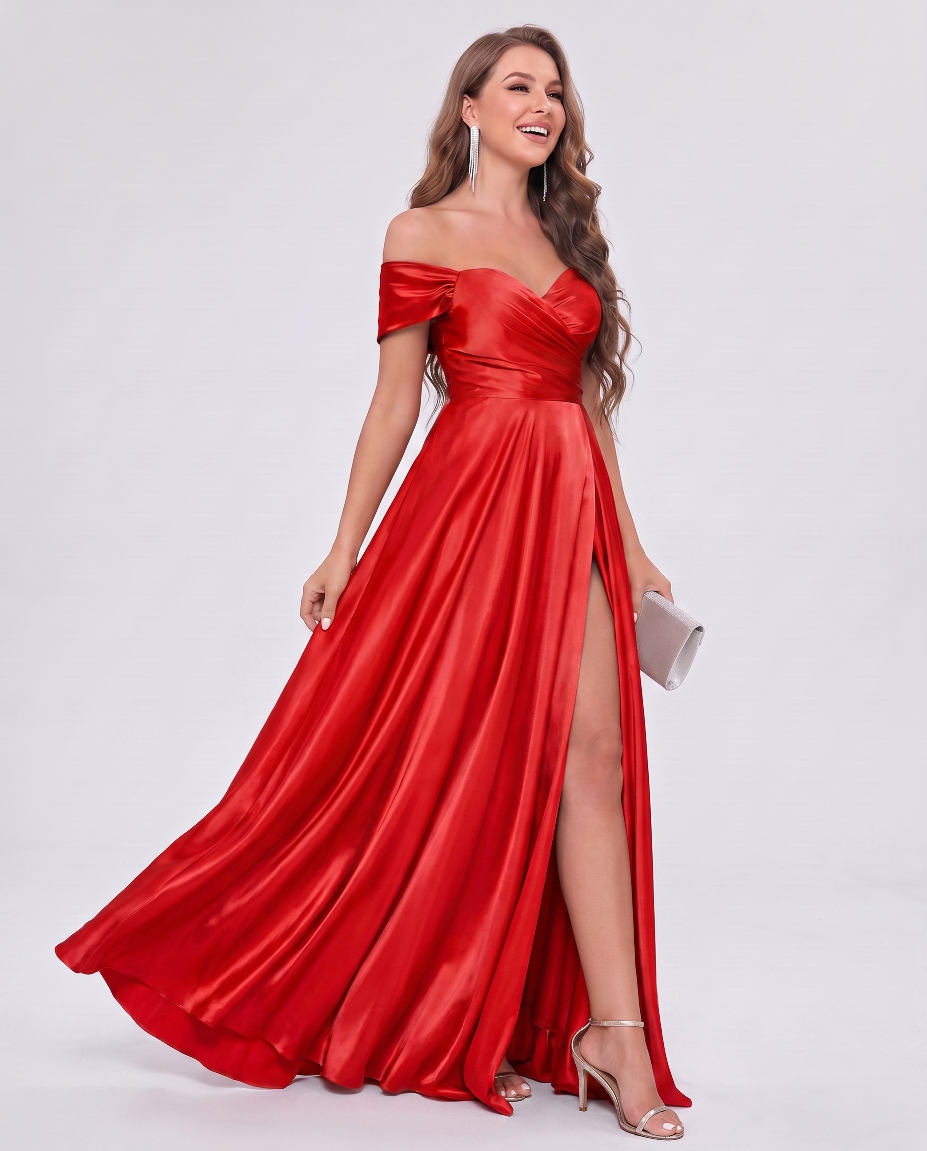 Satin Off-the-Shoulder Sweetheart A-Line Maxi Dress with Slit for Party, Cocktail, Evening, Wedding Guest, Bridesmaid & Summe