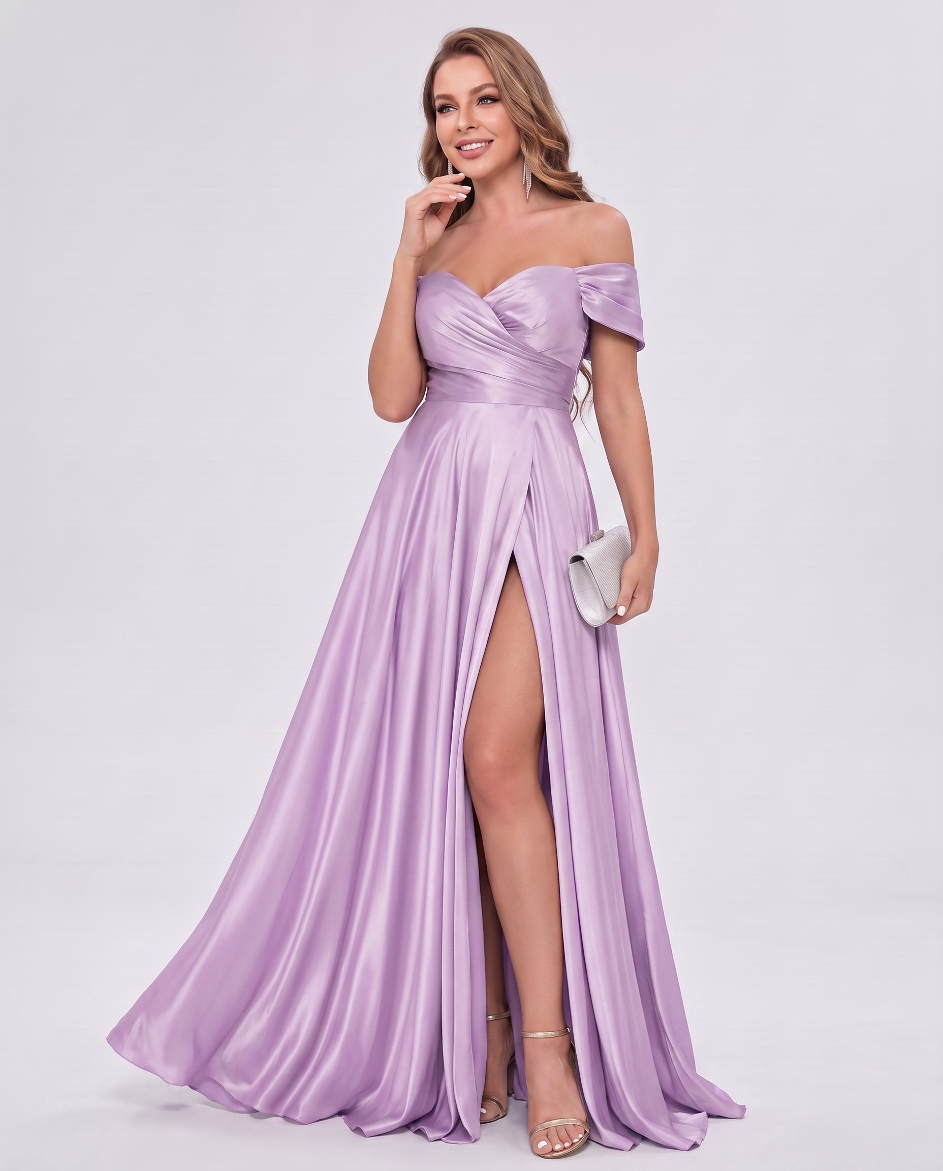 Satin Off-the-Shoulder Sweetheart A-Line Maxi Dress with Slit for Party, Cocktail, Evening, Wedding Guest, Bridesmaid & Summe