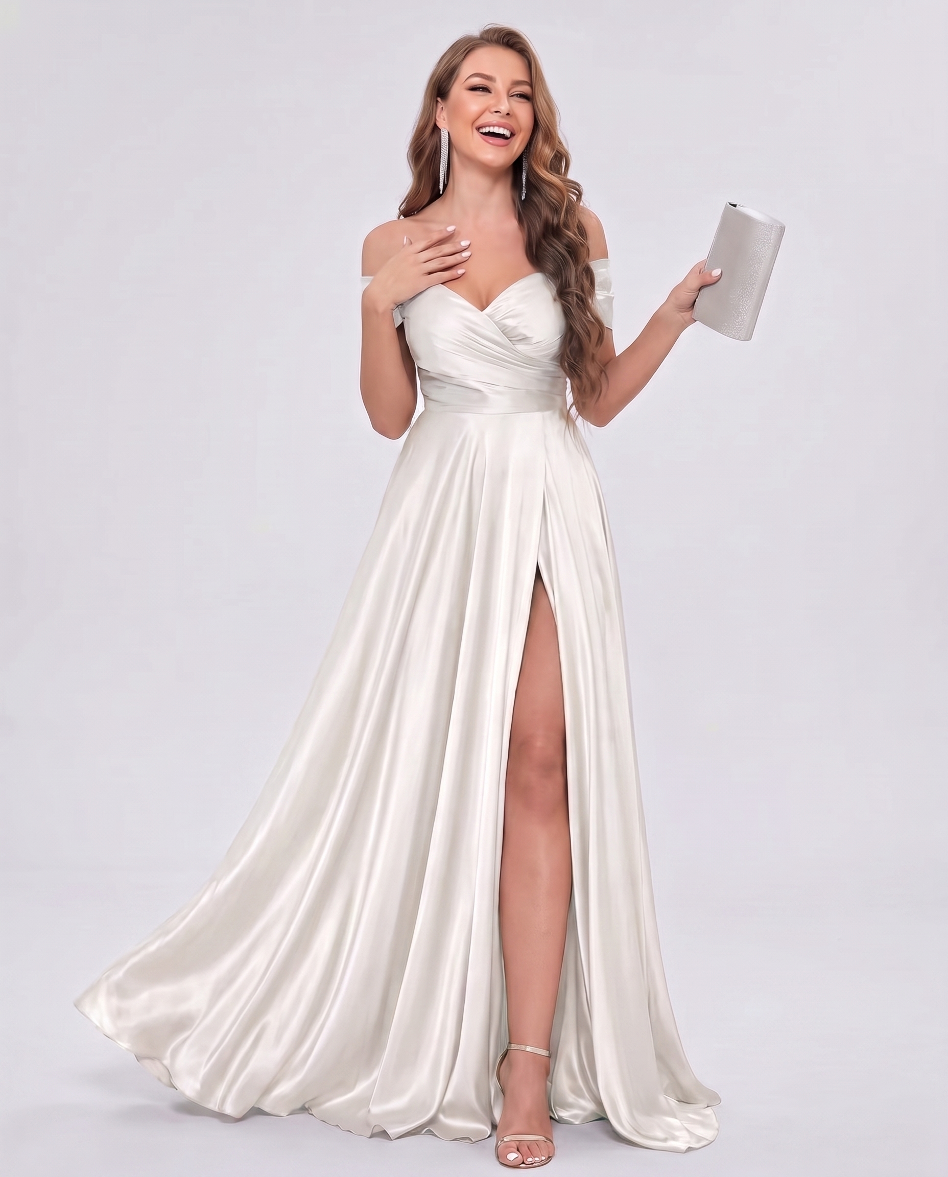 Satin Off-the-Shoulder Sweetheart A-Line Maxi Dress with Slit for Party, Cocktail, Evening, Wedding Guest, Bridesmaid & Summe