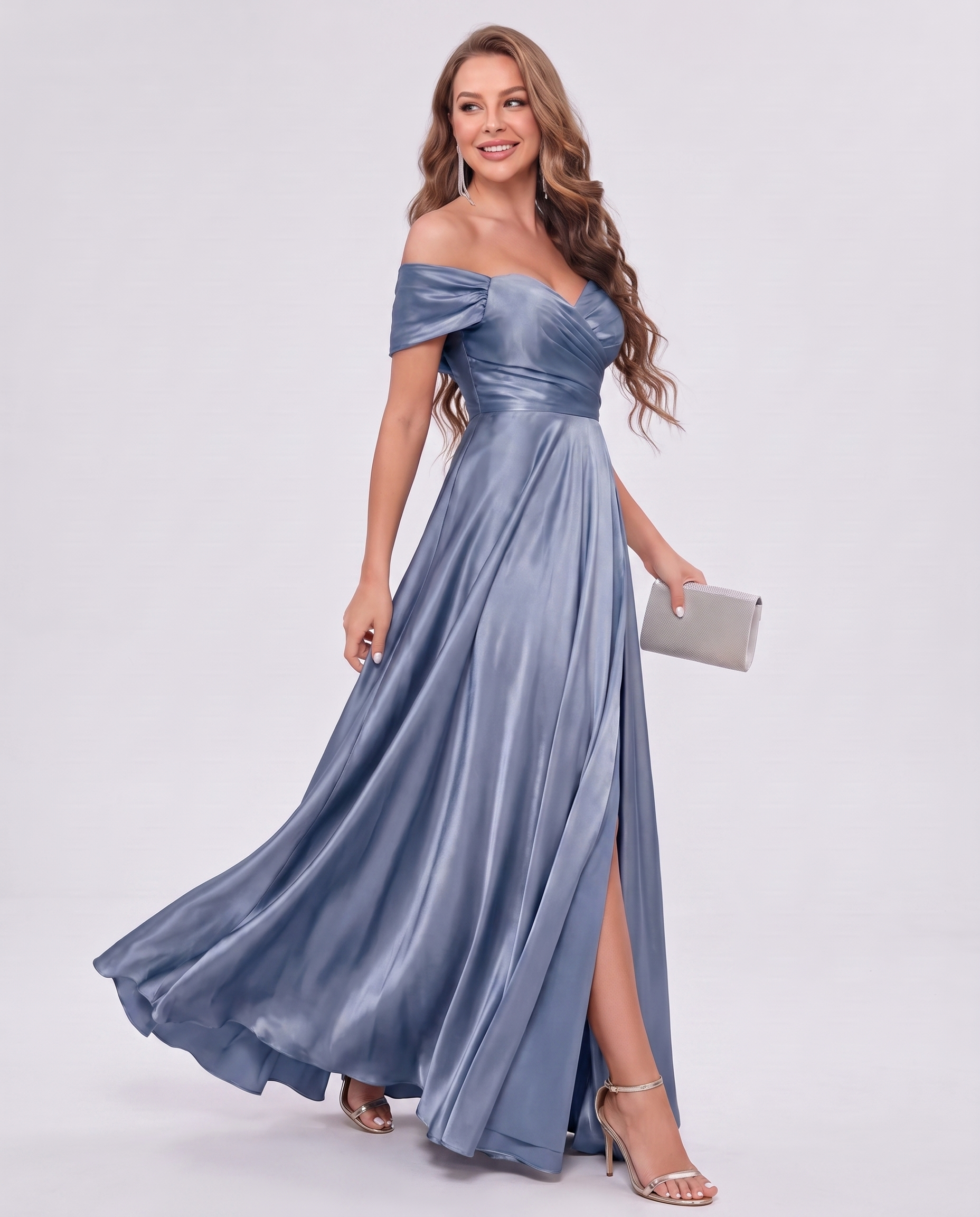 Satin Off-the-Shoulder Sweetheart A-Line Maxi Dress with Slit for Party, Cocktail, Evening, Wedding Guest, Bridesmaid & Summe
