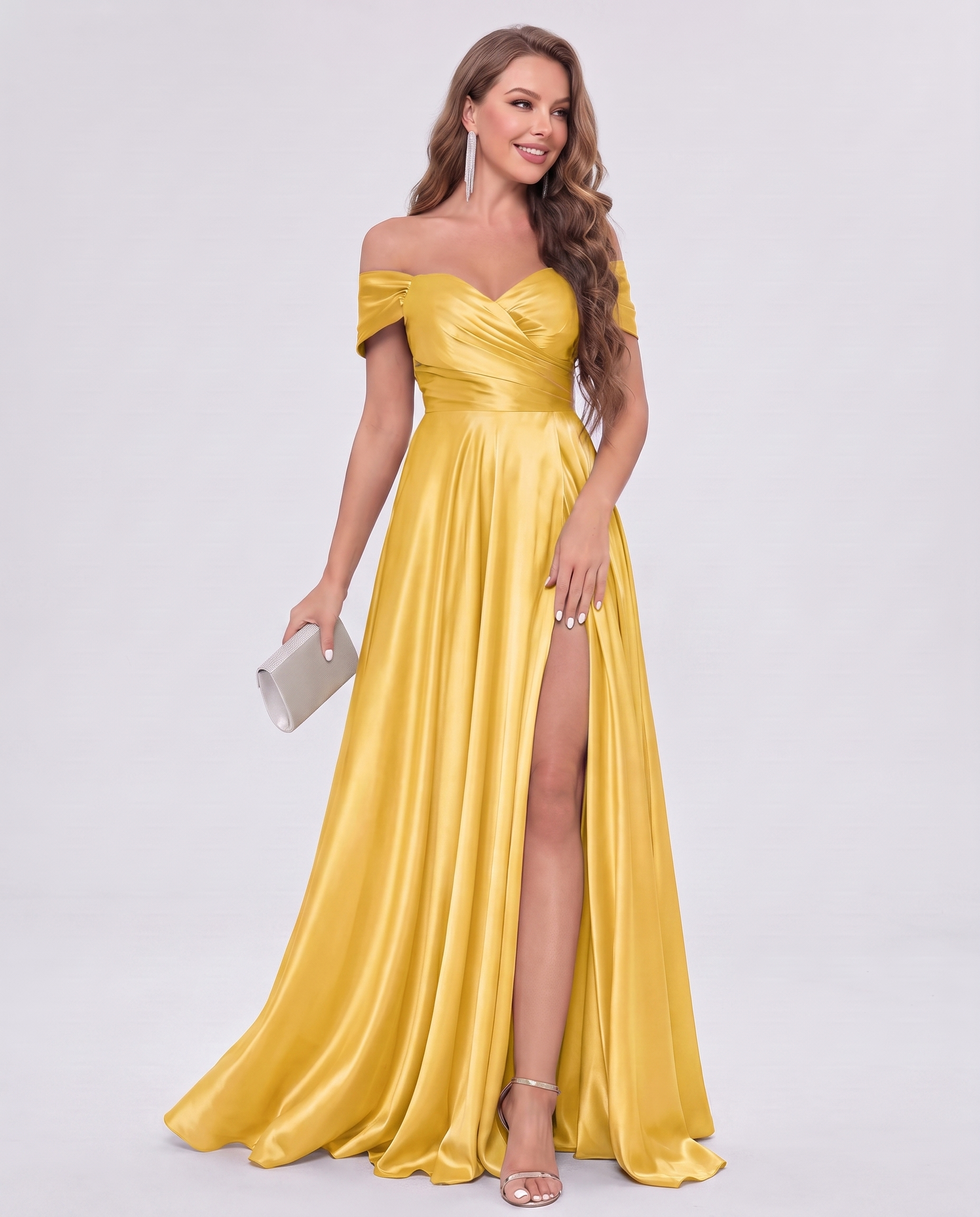 Satin Off-the-Shoulder Sweetheart A-Line Maxi Dress with Slit for Party, Cocktail, Evening, Wedding Guest, Bridesmaid & Summe