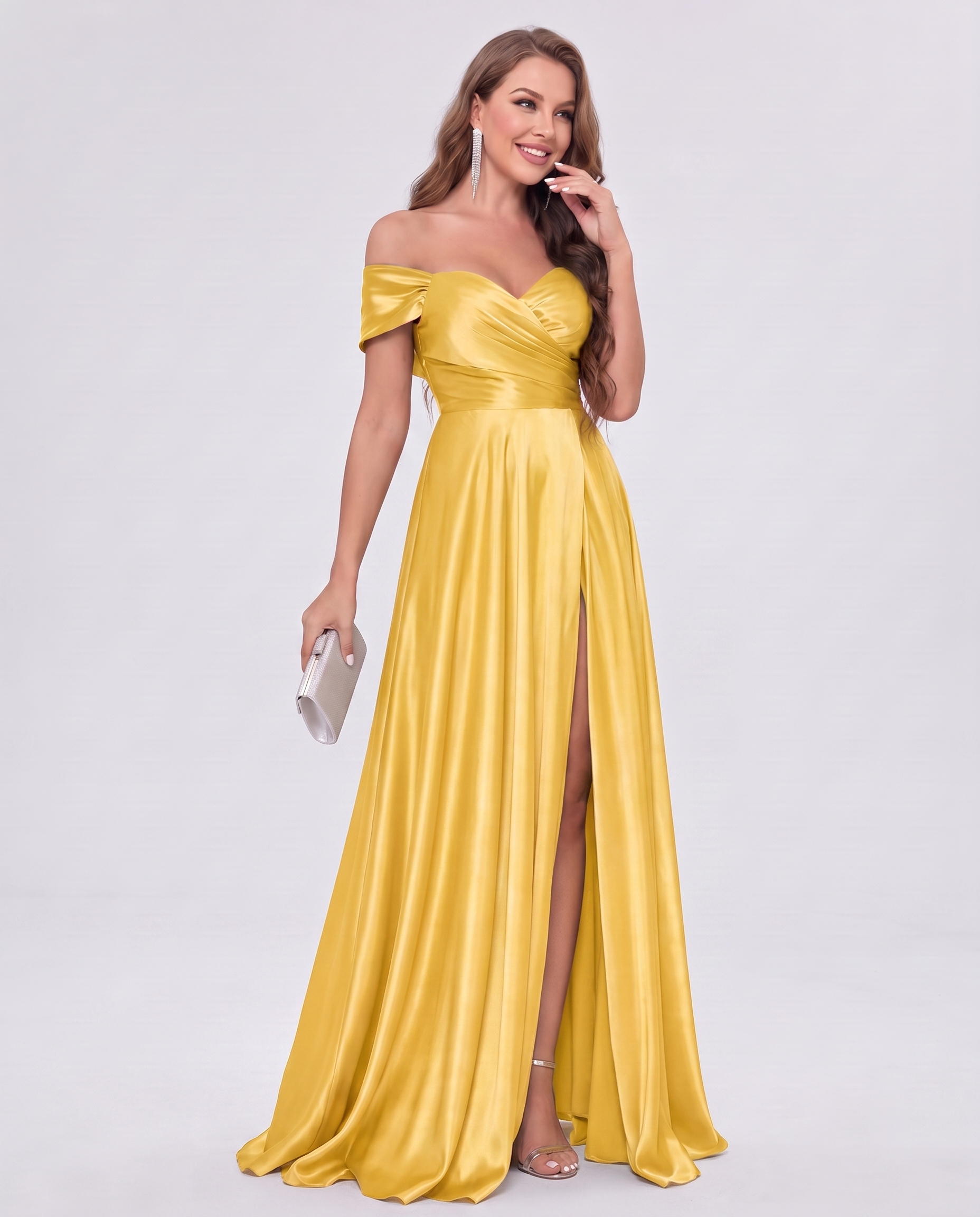 Satin Off-the-Shoulder Sweetheart A-Line Maxi Dress with Slit for Party, Cocktail, Evening, Wedding Guest, Bridesmaid & Summe