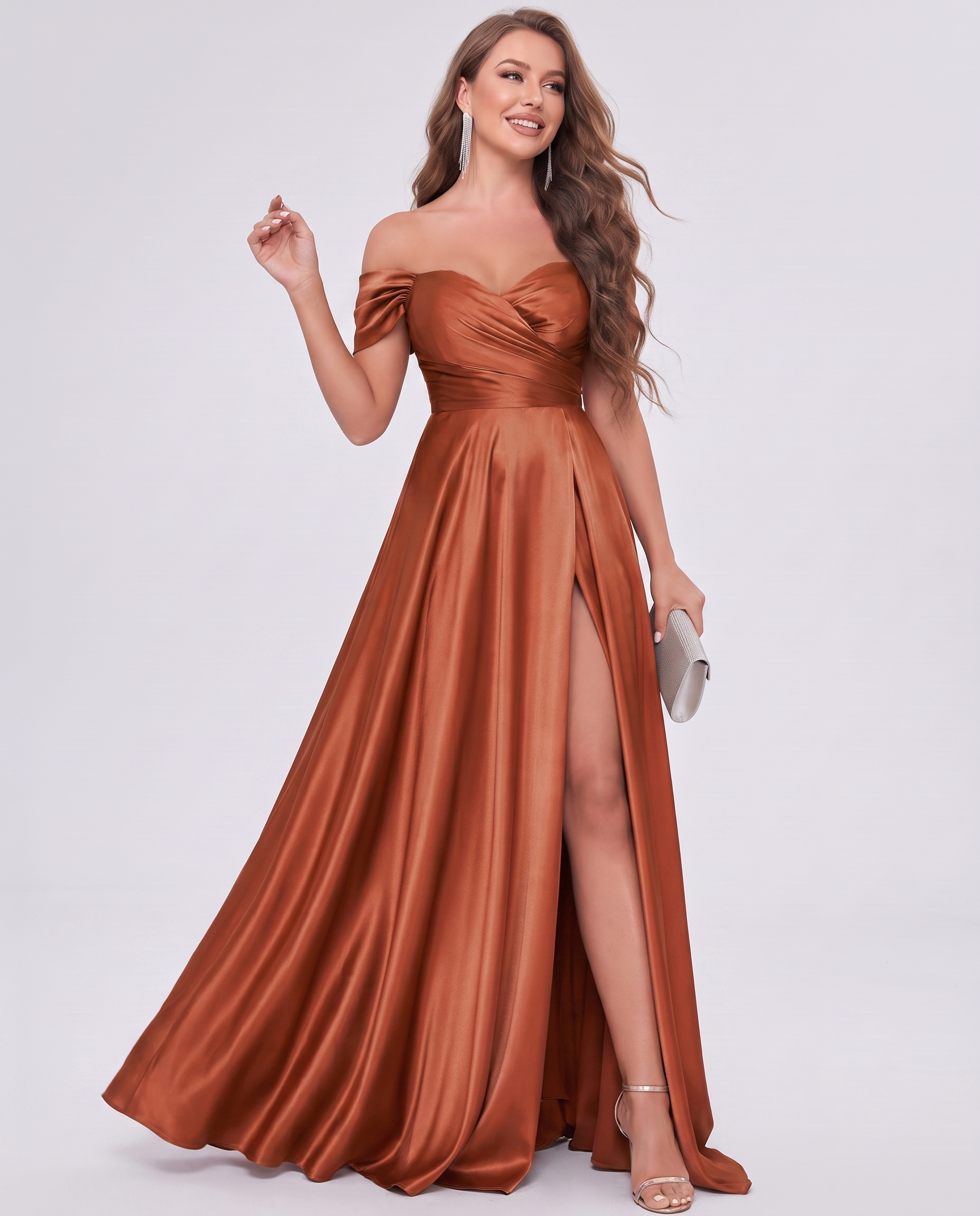 Satin Off-the-Shoulder Sweetheart A-Line Maxi Dress with Slit for Party, Cocktail, Evening, Wedding Guest, Bridesmaid & Summe
