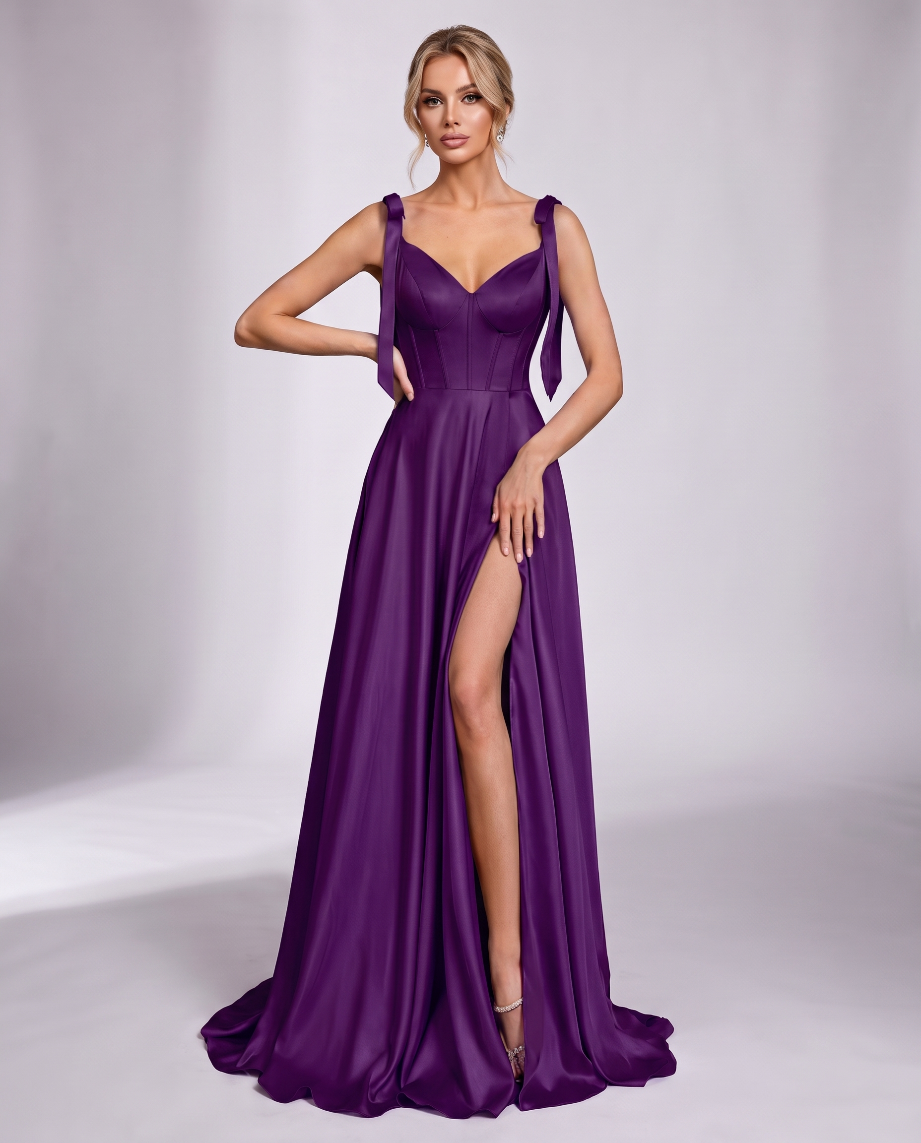 Lurelle Satin Sleeveless V-Neck A-Line Maxi Dress with Corset Bodice, Slit & Pockets for Party, Cocktail, Evening & Wedding G