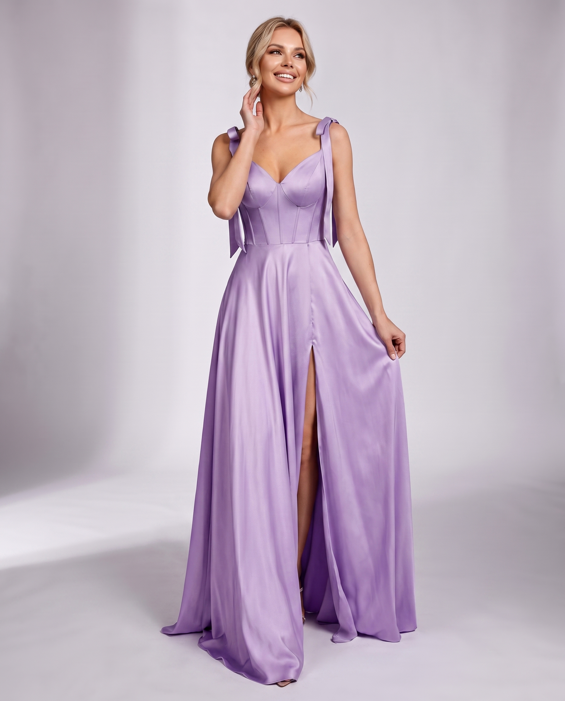 Lurelle Satin Sleeveless V-Neck A-Line Maxi Dress with Corset Bodice, Slit & Pockets for Party, Cocktail, Evening & Wedding G
