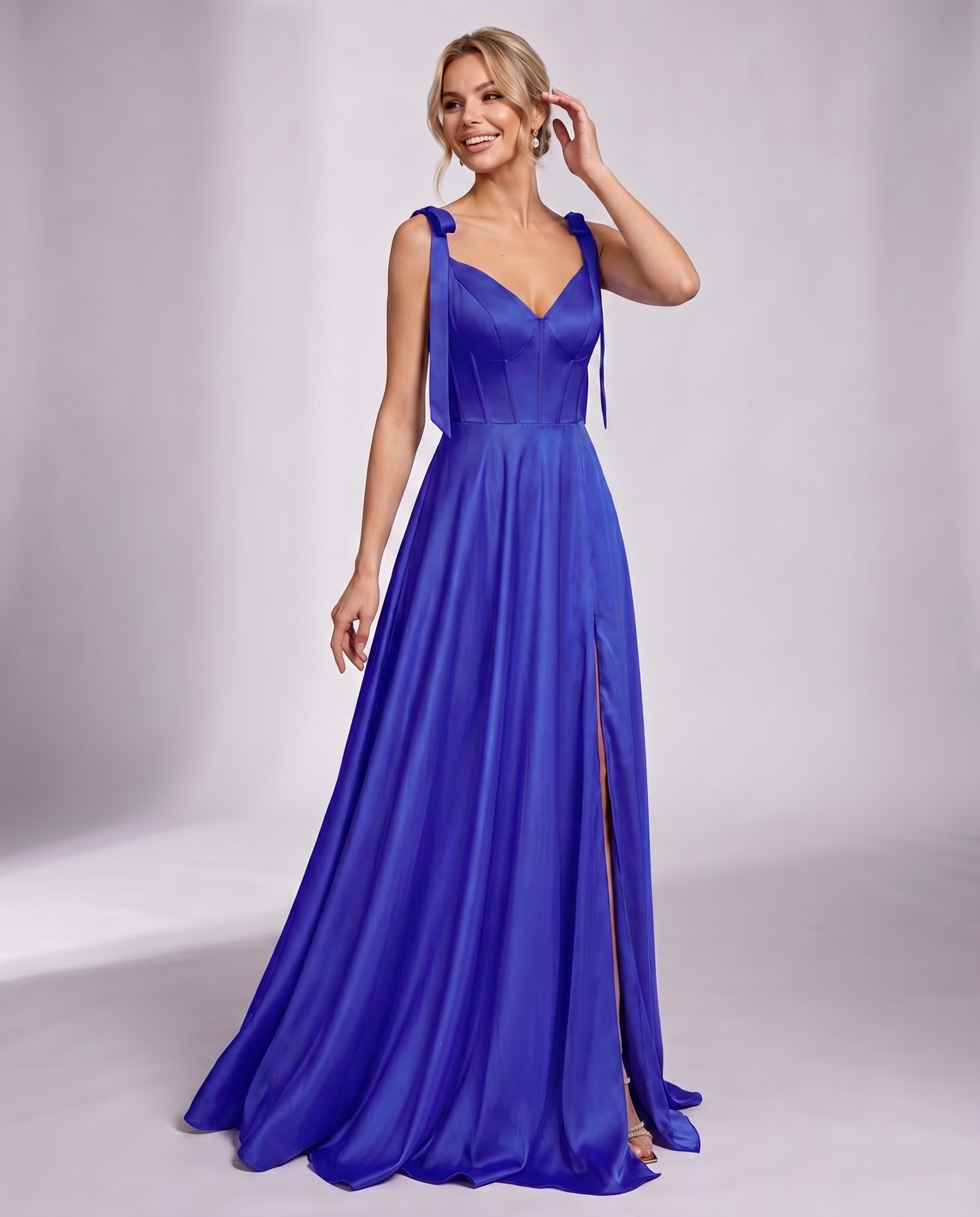 Lurelle Satin Sleeveless V-Neck A-Line Maxi Dress with Corset Bodice, Slit & Pockets for Party, Cocktail, Evening & Wedding G