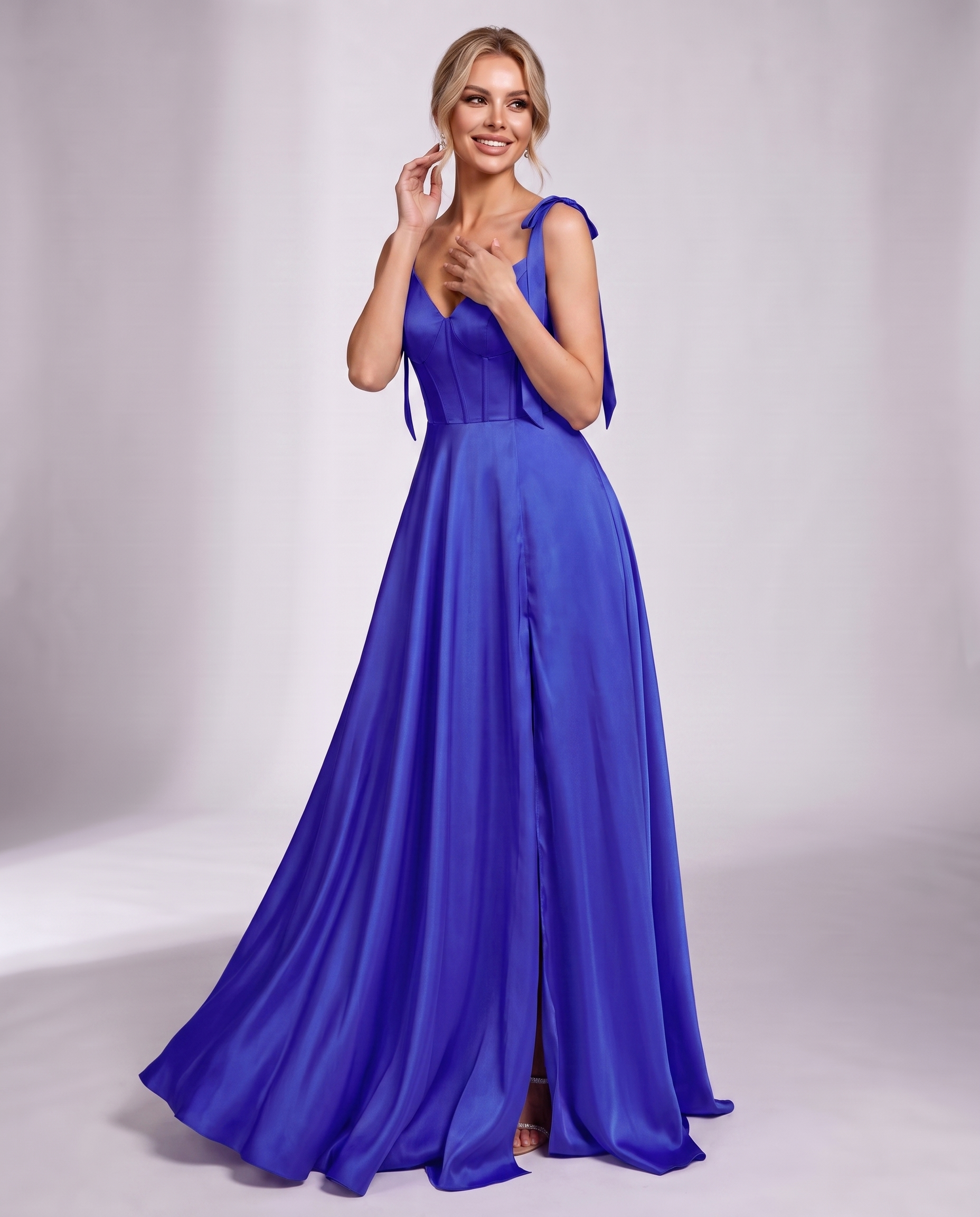 Lurelle Satin Sleeveless V-Neck A-Line Maxi Dress with Corset Bodice, Slit & Pockets for Party, Cocktail, Evening & Wedding G