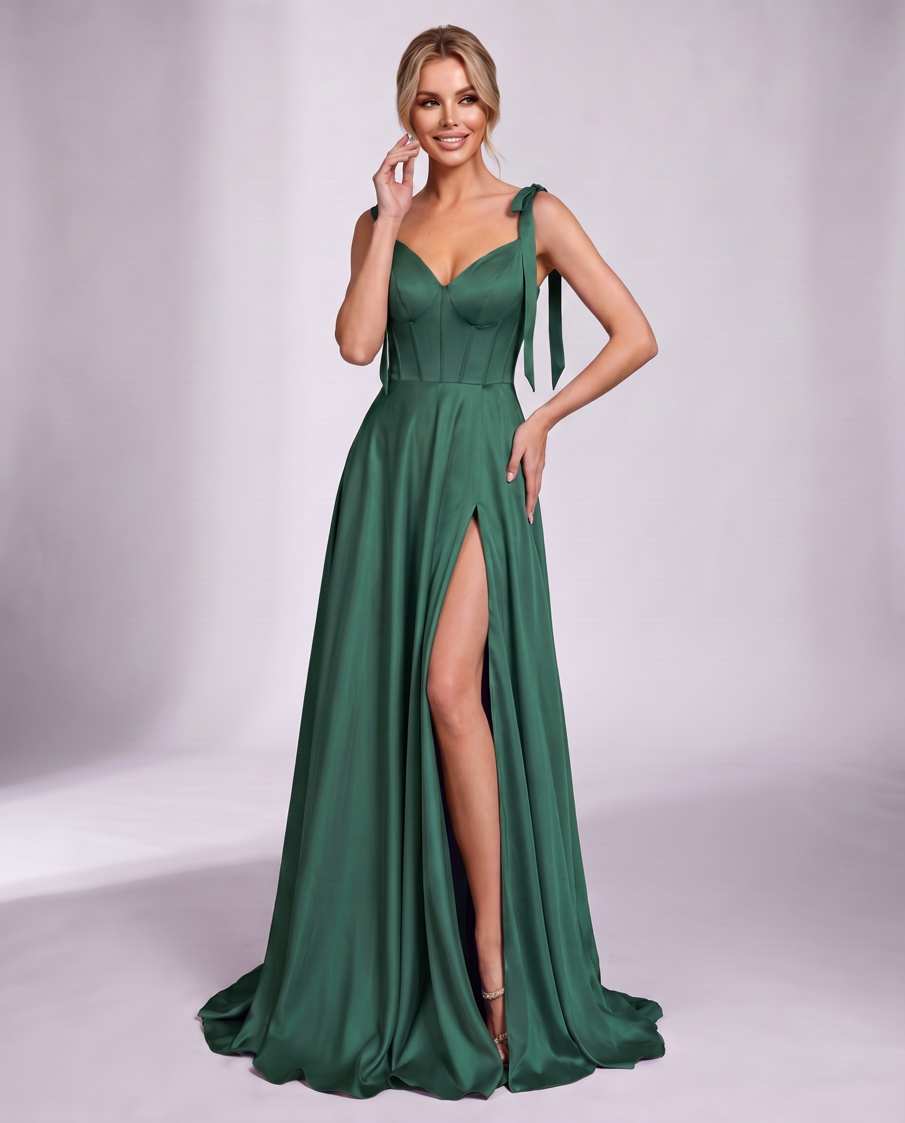 Lurelle Satin Sleeveless V-Neck A-Line Maxi Dress with Corset Bodice, Slit & Pockets for Party, Cocktail, Evening & Wedding G