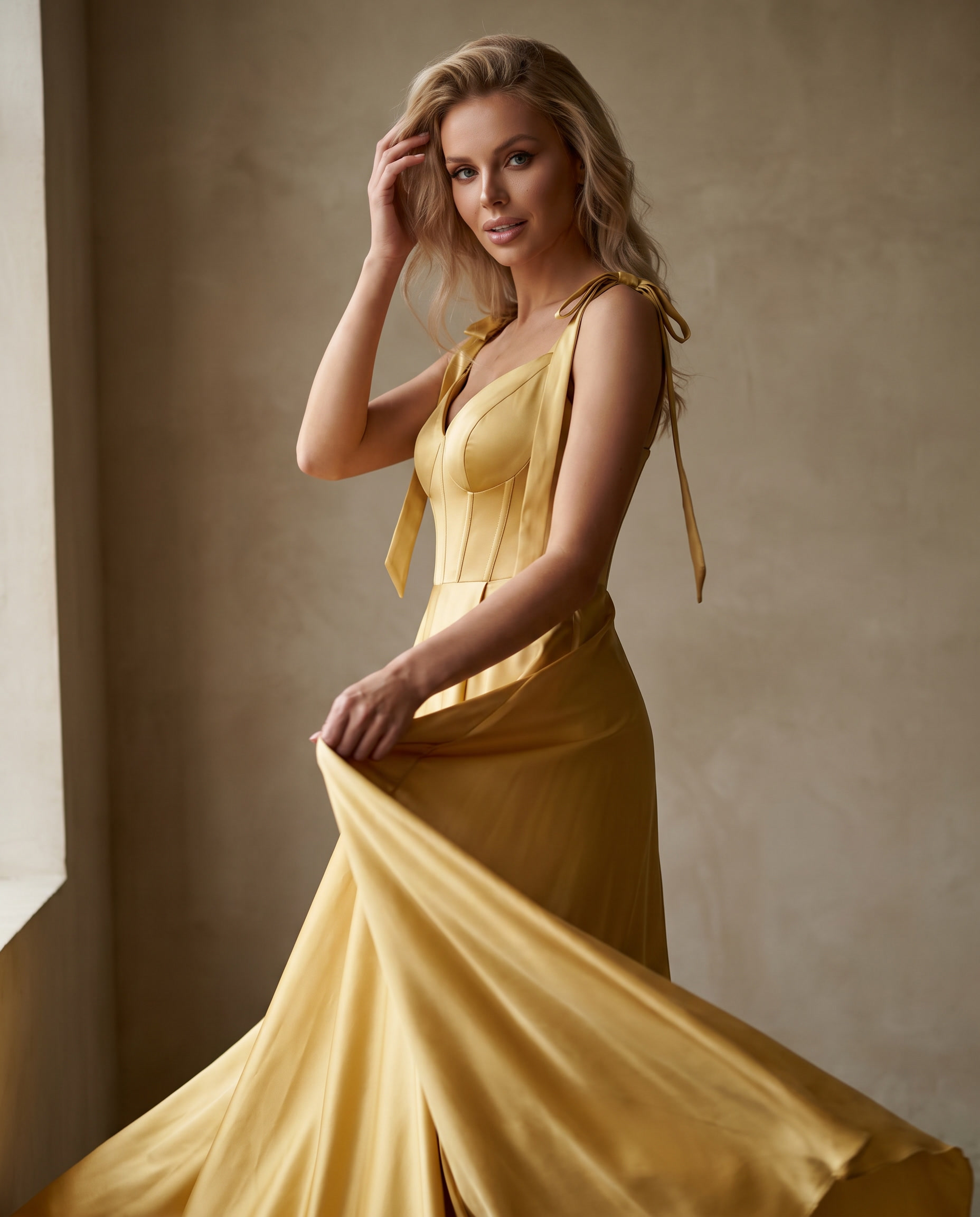 Lurelle Satin Sleeveless V-Neck A-Line Maxi Dress with Corset Bodice, Slit & Pockets for Party, Cocktail, Evening & Wedding G