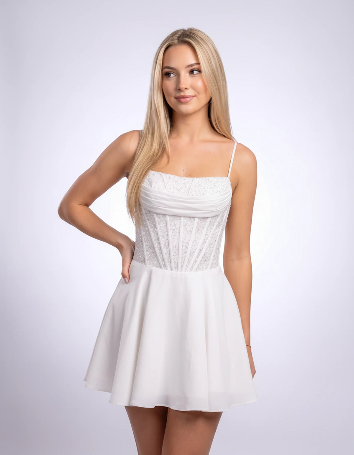 Hortensia Mini Dress — White | SKU: SD-42905-white-2,SD-42905-white-4,SD-42905-white-6,SD-42905-white-8,SD-42905-white-10,SD-42905-white-12,SD-42905-white-14,SD-42905-white-16,SD-42905-white-16W,SD-42905-white-18W,SD-42905-white-20W,SD-42905-white-22W