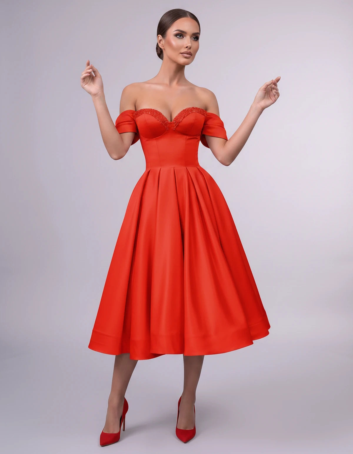 Jessamine Midi Dresses — Red | SKU: SD-30464-red-2,SD-30464-red-4,SD-30464-red-6,SD-30464-red-8,SD-30464-red-10,SD-30464-red-12,SD-30464-red-14,SD-30464-red-14W,SD-30464-red-16,SD-30464-red-16W,SD-30464-red-18W,SD-30464-red-20W