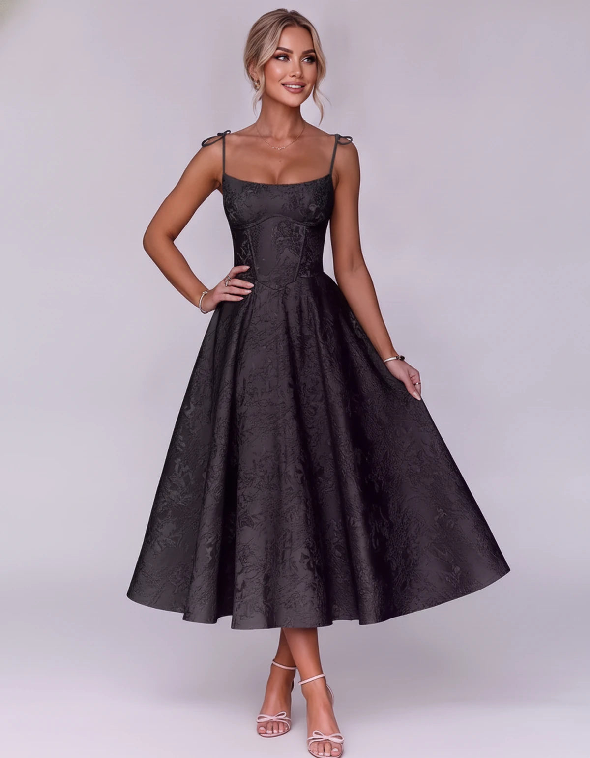 Lalique Midi Dresses — Black | SKU: SD-68537-black-2,SD-68537-black-4,SD-68537-black-6,SD-68537-black-8,SD-68537-black-10,SD-68537-black-12,SD-68537-black-14,SD-68537-black-16,SD-68537-black-16W,SD-68537-black-18W,SD-68537-black-20W,SD-68537-black-22W