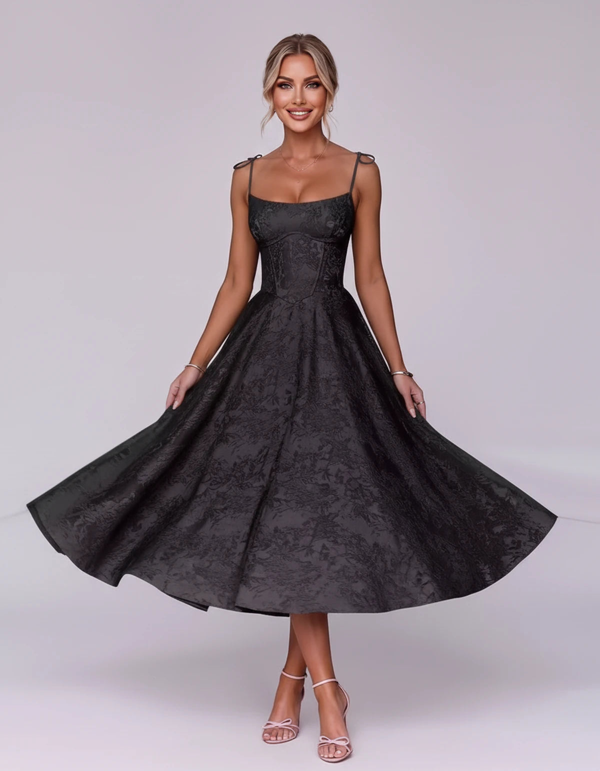 Lalique Midi Dresses — Black | SKU: SD-68537-black-2,SD-68537-black-4,SD-68537-black-6,SD-68537-black-8,SD-68537-black-10,SD-68537-black-12,SD-68537-black-14,SD-68537-black-16,SD-68537-black-16W,SD-68537-black-18W,SD-68537-black-20W,SD-68537-black-22W