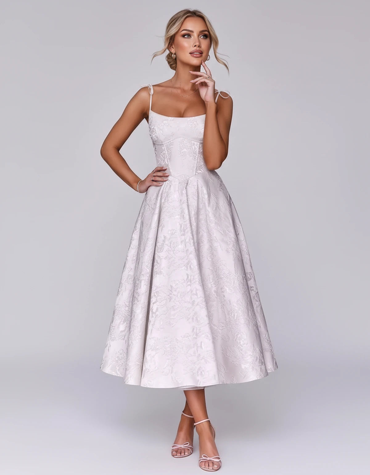 Lalique Midi Dresses — White | SKU: SD-68537-white-2,SD-68537-white-4,SD-68537-white-6,SD-68537-white-8,SD-68537-white-10,SD-68537-white-12,SD-68537-white-14,SD-68537-white-16,SD-68537-white-16W,SD-68537-white-18W,SD-68537-white-20W,SD-68537-white-22W