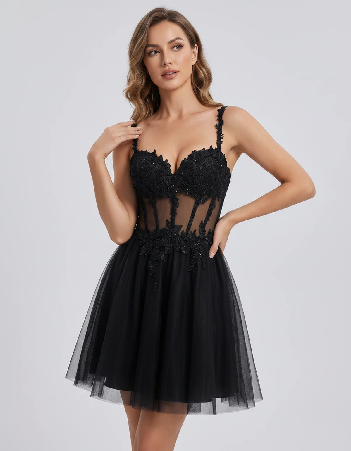 Lavandou Mini Dress — Black | SKU: SD-21933-black-2,SD-21933-black-4,SD-21933-black-6,SD-21933-black-8,SD-21933-black-10,SD-21933-black-12,SD-21933-black-14,SD-21933-black-16,SD-21933-black-16W,SD-21933-black-18W,SD-21933-black-20W,SD-21933-black-22W