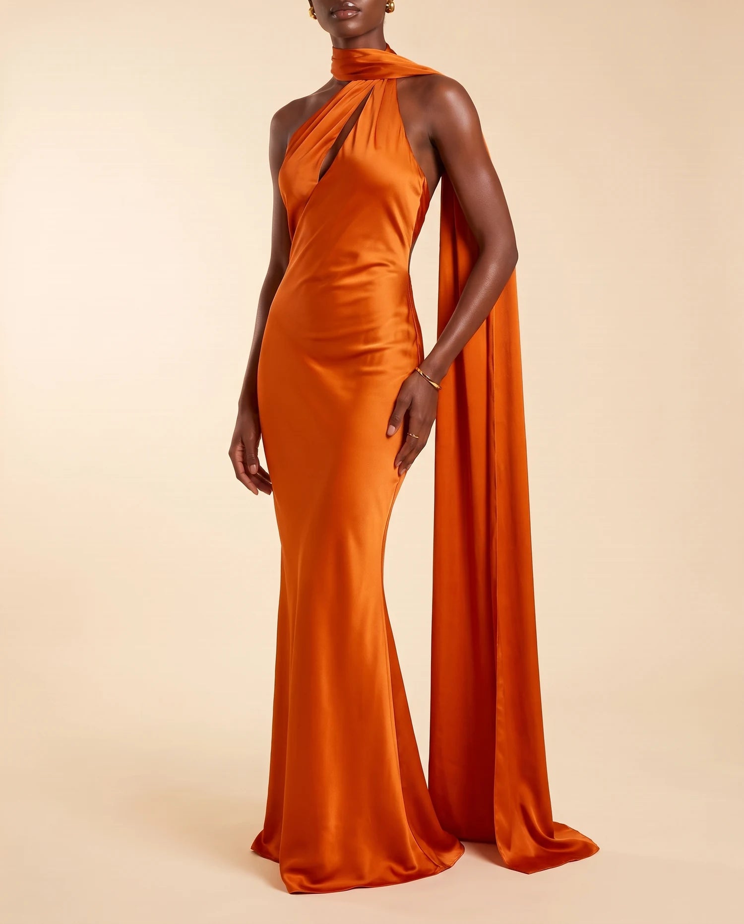 Liora Satin Scarf Dress Burnt Orange 04-midbody