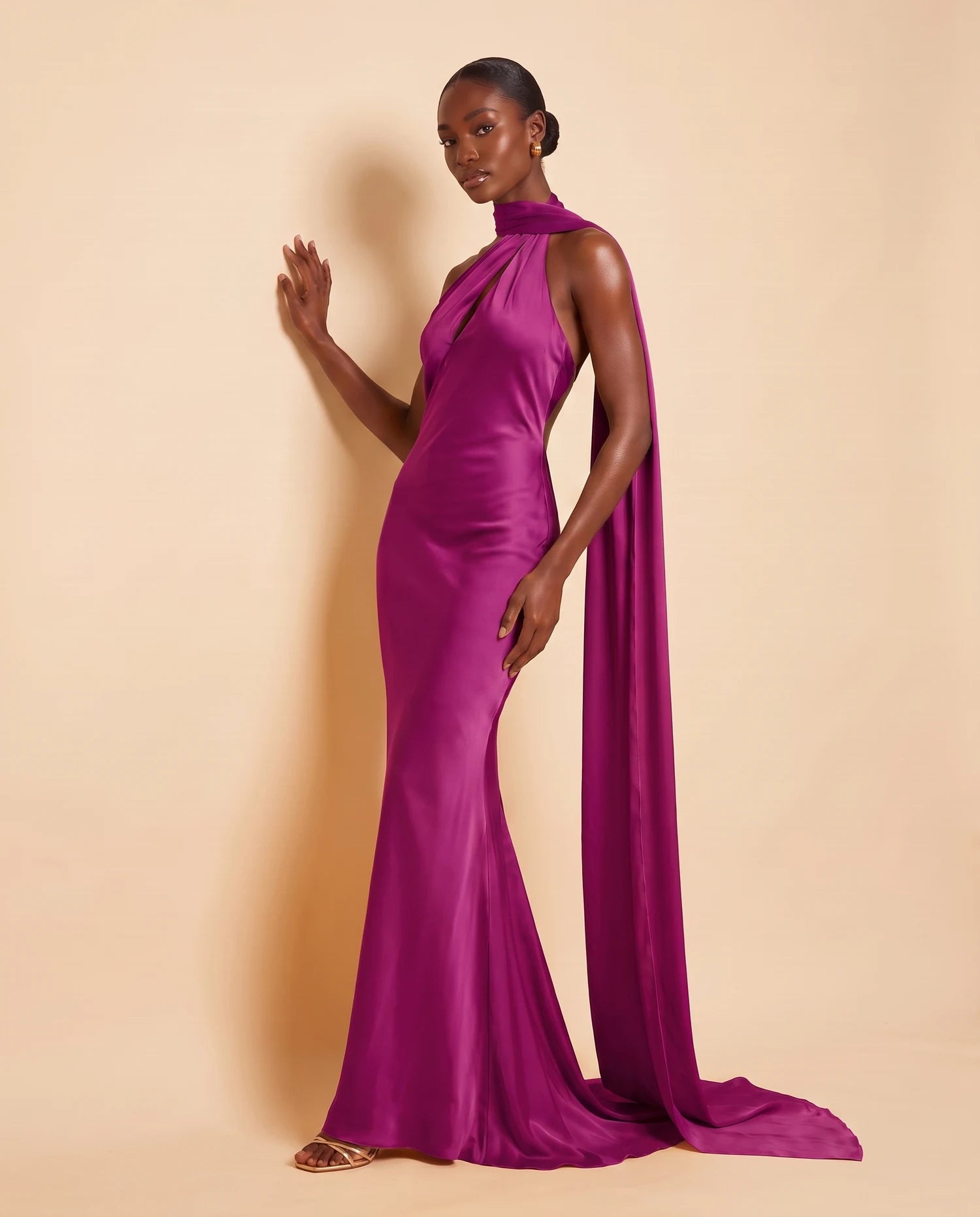 Liora Satin Scarf Dress Magenta Purple 02-wall