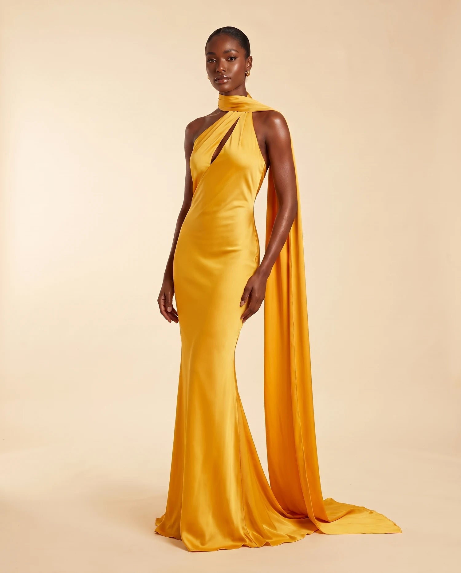Golden Yellow Satin Mermaid Halter Sleeveless Scarf Cape Maxi Dress