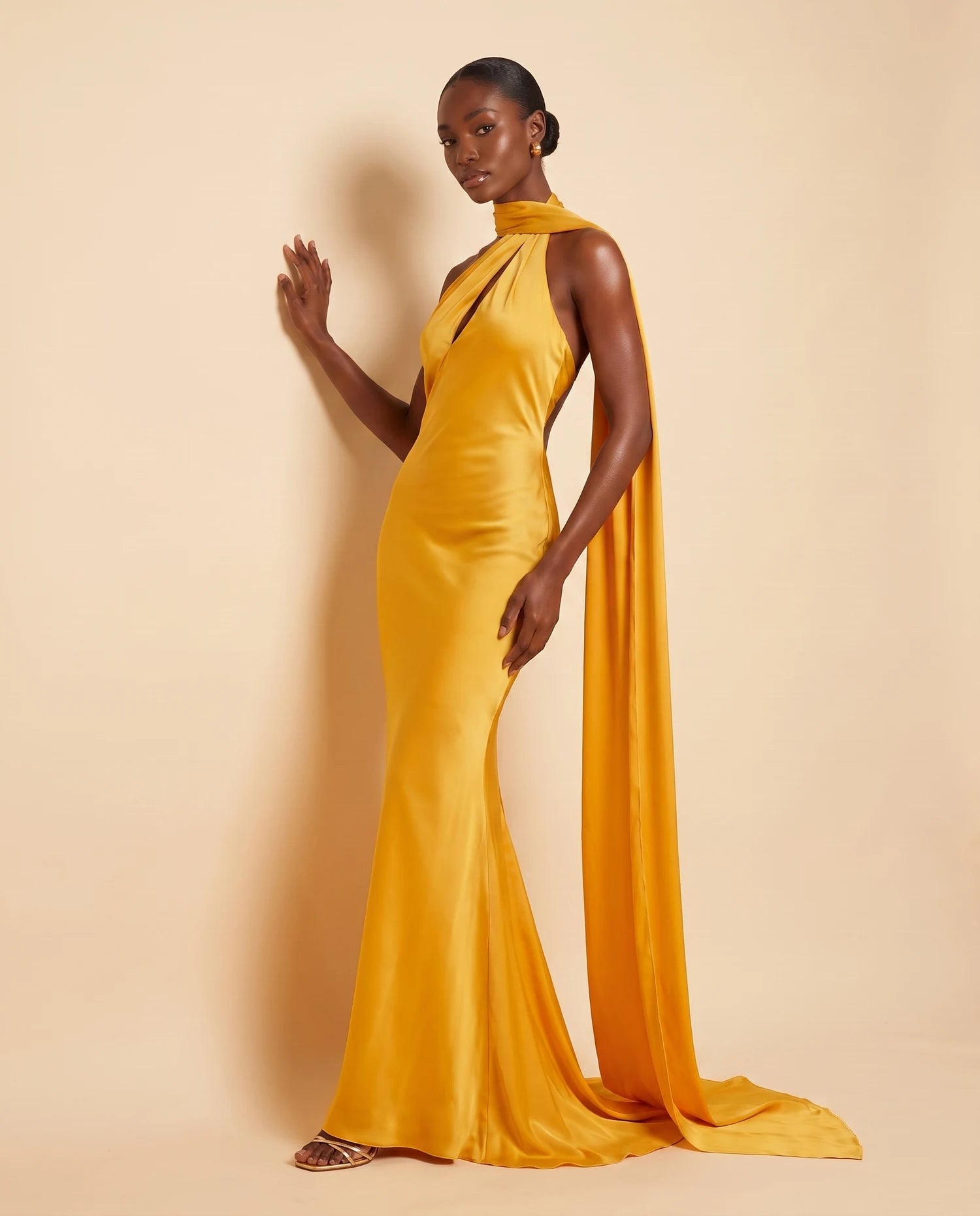 Liora Satin Scarf Dress Golden Yellow 02-wall