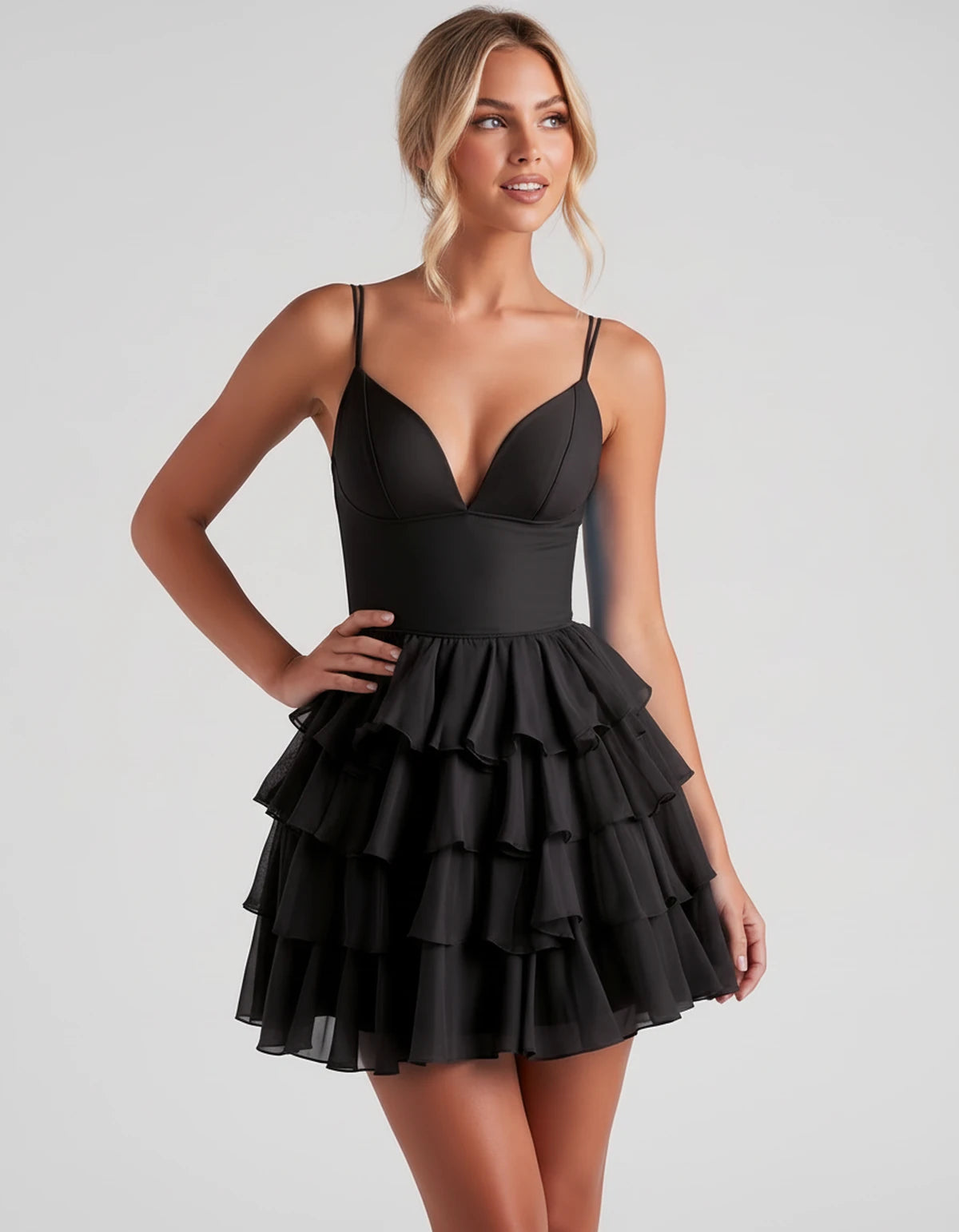 Mahonia Mini Dress — Black | SKU: SD-95044-black-2,SD-95044-black-4,SD-95044-black-6,SD-95044-black-8,SD-95044-black-10,SD-95044-black-12,SD-95044-black-14,SD-95044-black-16,SD-95044-black-16W,SD-95044-black-18W,SD-95044-black-20W,SD-95044-black-22W