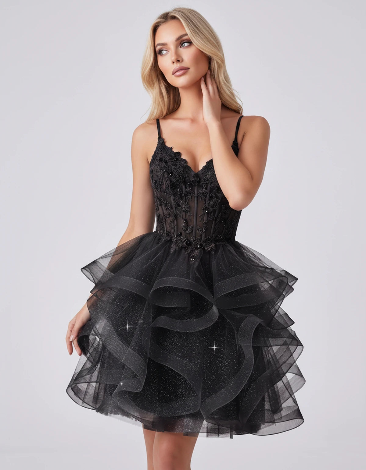 Mandarine Mini Dress — Black | SKU: SD-29526-black-2,SD-29526-black-4,SD-29526-black-6,SD-29526-black-8,SD-29526-black-10,SD-29526-black-12,SD-29526-black-14,SD-29526-black-14W,SD-29526-black-16,SD-29526-black-16W,SD-29526-black-18W,SD-29526-black-20W