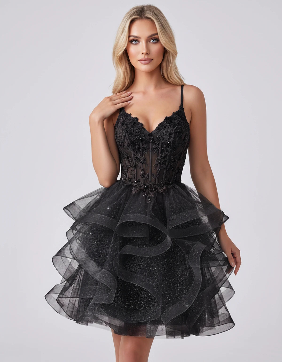 Mandarine Mini Dress — Black | SKU: SD-29526-black-2,SD-29526-black-4,SD-29526-black-6,SD-29526-black-8,SD-29526-black-10,SD-29526-black-12,SD-29526-black-14,SD-29526-black-14W,SD-29526-black-16,SD-29526-black-16W,SD-29526-black-18W,SD-29526-black-20W