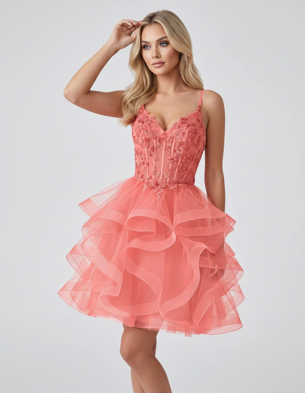 Mandarine Mini Dress — Coral | SKU: SD-29526-coral-2,SD-29526-coral-4,SD-29526-coral-6,SD-29526-coral-8,SD-29526-coral-10,SD-29526-coral-12,SD-29526-coral-14,SD-29526-coral-14W,SD-29526-coral-16,SD-29526-coral-16W,SD-29526-coral-18W,SD-29526-coral-20W