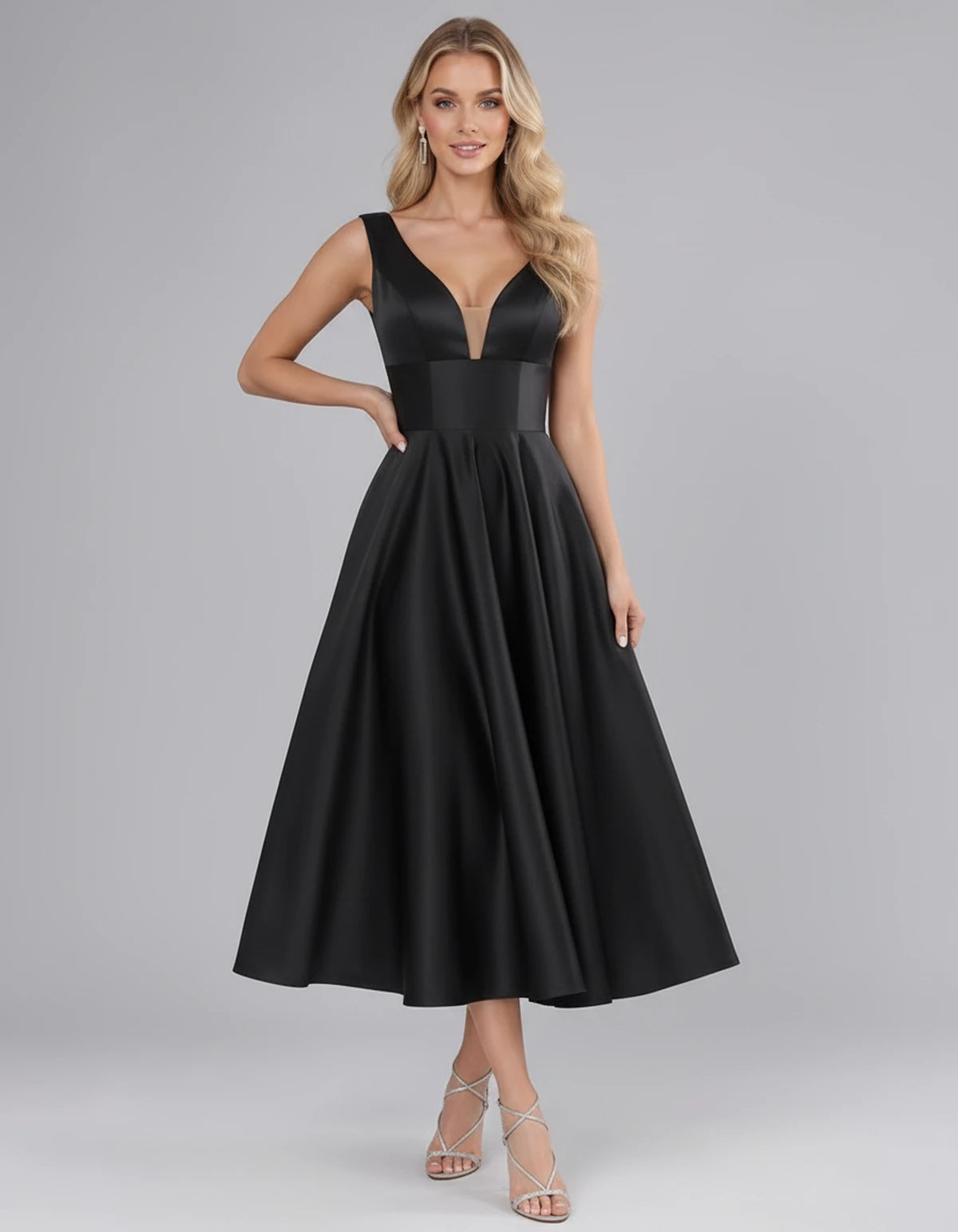 Montaigne Midi Dresses — Black | SKU: SD-07068-black-2,SD-07068-black-4,SD-07068-black-6,SD-07068-black-8,SD-07068-black-10,SD-07068-black-12,SD-07068-black-14,SD-07068-black-16,SD-07068-black-16W,SD-07068-black-18W