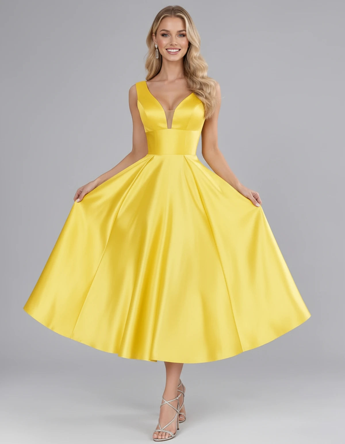 Montaigne Midi Dresses — Yellow | SKU: SD-07068-yellow-2,SD-07068-yellow-4,SD-07068-yellow-6,SD-07068-yellow-8,SD-07068-yellow-10,SD-07068-yellow-12,SD-07068-yellow-14,SD-07068-yellow-16,SD-07068-yellow-16W,SD-07068-yellow-18W
