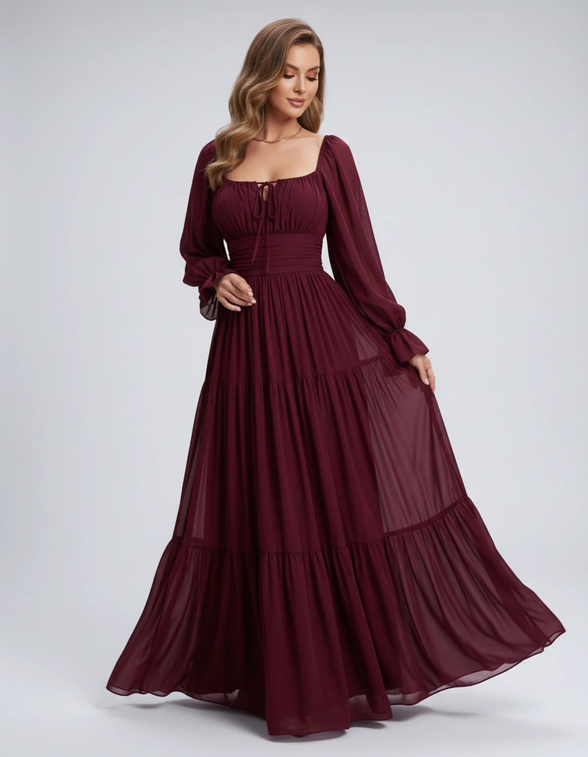 Morvenna Maxi Dress — Claret | SKU: SD-97018-claret-XS,SD-97018-claret-S,SD-97018-claret-M,SD-97018-claret-L,SD-97018-claret-XL,SD-97018-claret-2XL