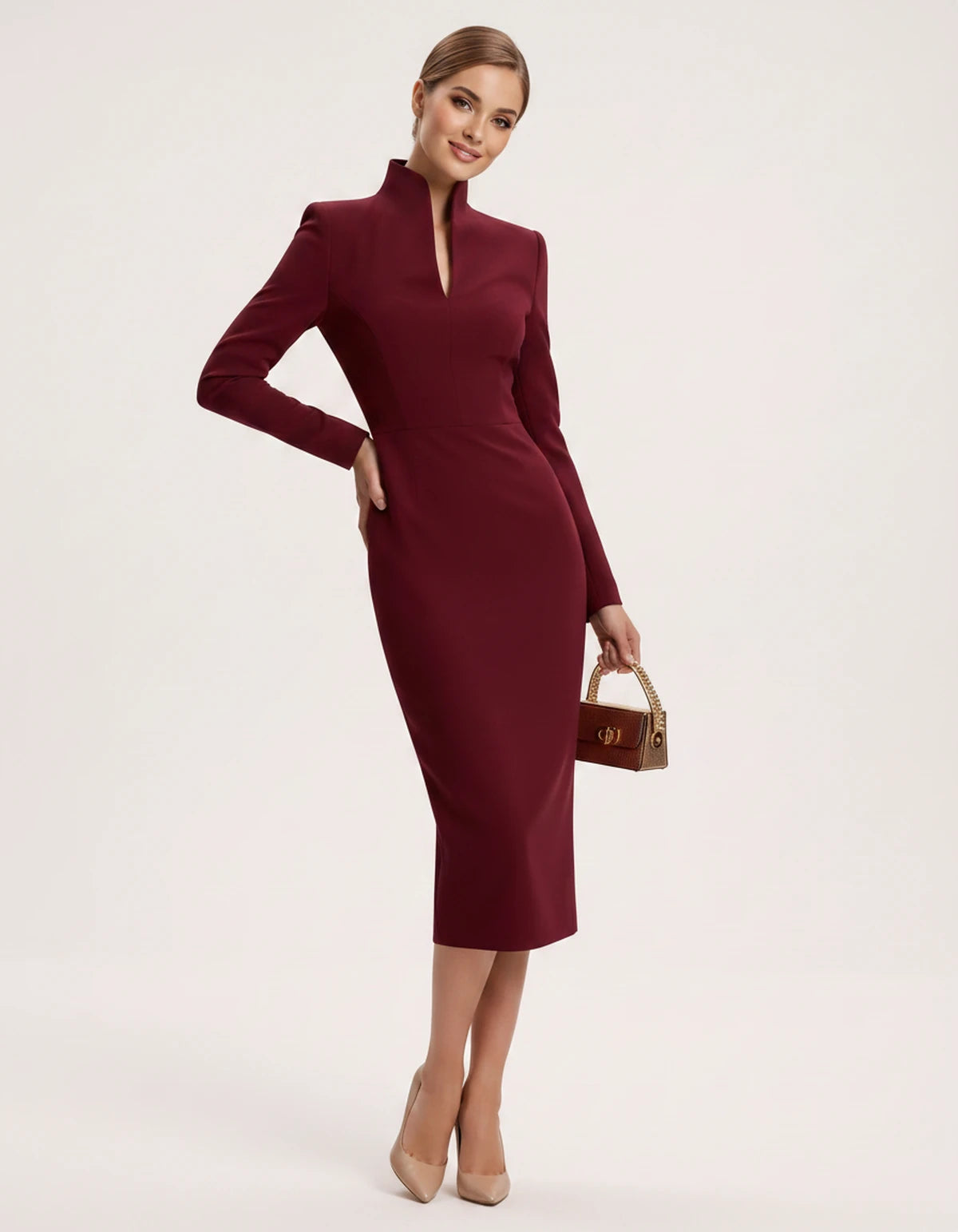 Naiara Midi Dresses — 04 Wine Red | SKU: SD-78942-04winered-XS,SD-78942-04winered-S,SD-78942-04winered-M,SD-78942-04winered-L,SD-78942-04winered-XL,SD-78942-04winered-2XL
