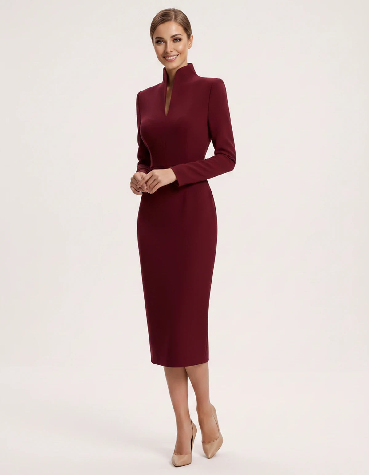 Naiara Midi Dresses — 04 Wine Red | SKU: SD-78942-04winered-XS,SD-78942-04winered-S,SD-78942-04winered-M,SD-78942-04winered-L,SD-78942-04winered-XL,SD-78942-04winered-2XL