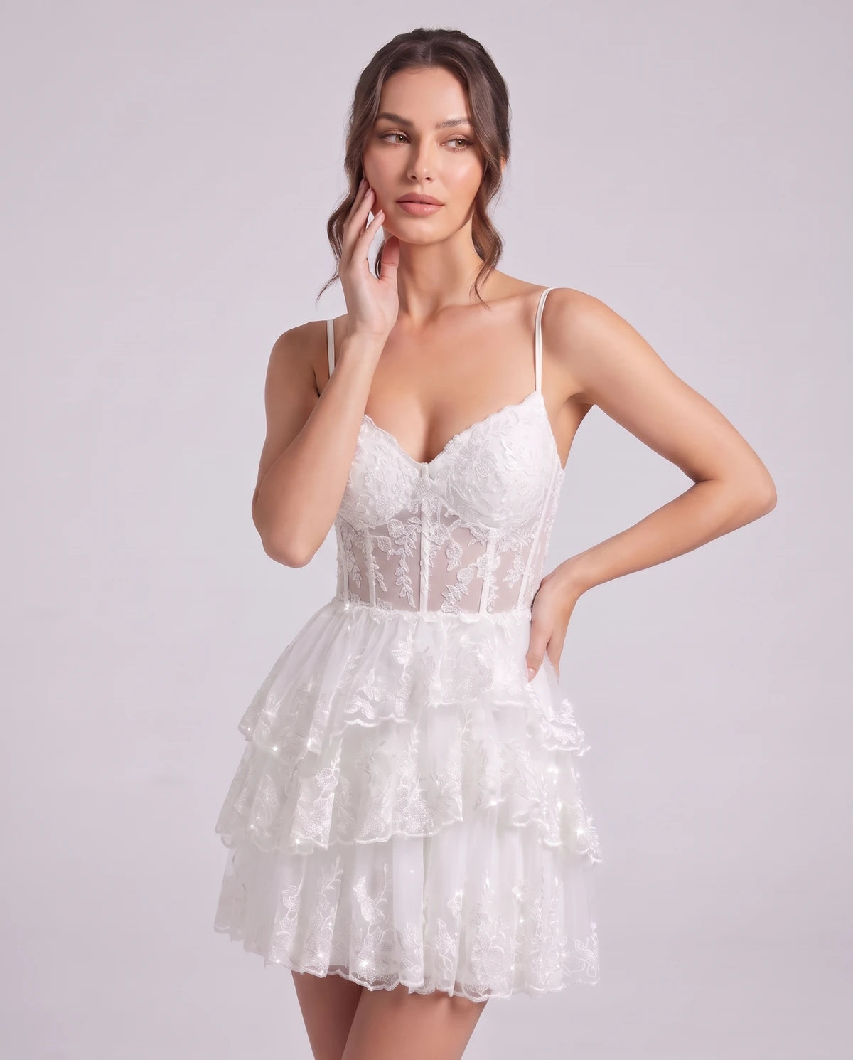 Nicolette Mini Dress — White | SKU: SD-70322-white-2,SD-70322-white-4,SD-70322-white-6,SD-70322-white-8,SD-70322-white-10,SD-70322-white-12,SD-70322-white-14,SD-70322-white-16,SD-70322-white-18W,SD-70322-white-20W,SD-70322-white-22W,SD-70322-white-24W
