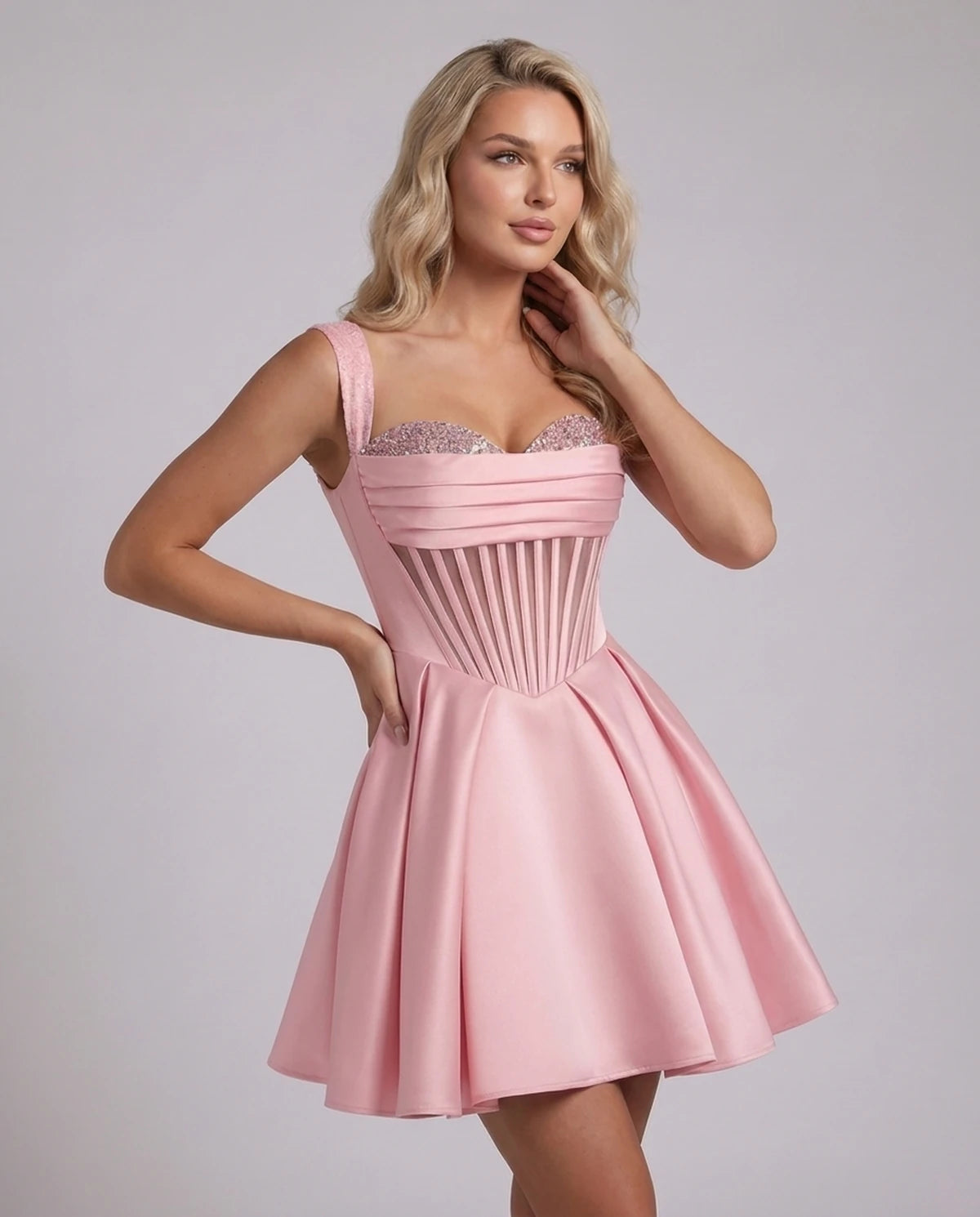Octavia Mini Dress — Pink | SKU: SD-67049-pink-2,SD-67049-pink-4,SD-67049-pink-6,SD-67049-pink-8,SD-67049-pink-10,SD-67049-pink-12,SD-67049-pink-14,SD-67049-pink-14W,SD-67049-pink-16,SD-67049-pink-16W,SD-67049-pink-18W,SD-67049-pink-20W