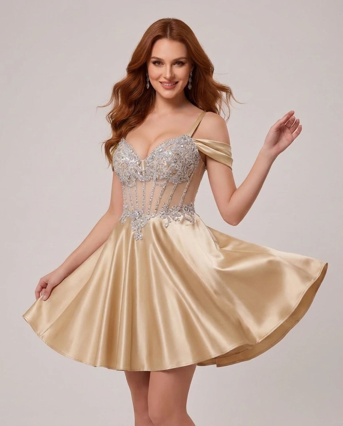 Ottilie Mini Dress — Champagne | SKU: SD-52353-champagne-2,SD-52353-champagne-4,SD-52353-champagne-6,SD-52353-champagne-8,SD-52353-champagne-10,SD-52353-champagne-12,SD-52353-champagne-14,SD-52353-champagne-14W,SD-52353-champagne-16,SD-52353-champagne-16W,SD-52353-champagne-18W,SD-52353-champagne-20W