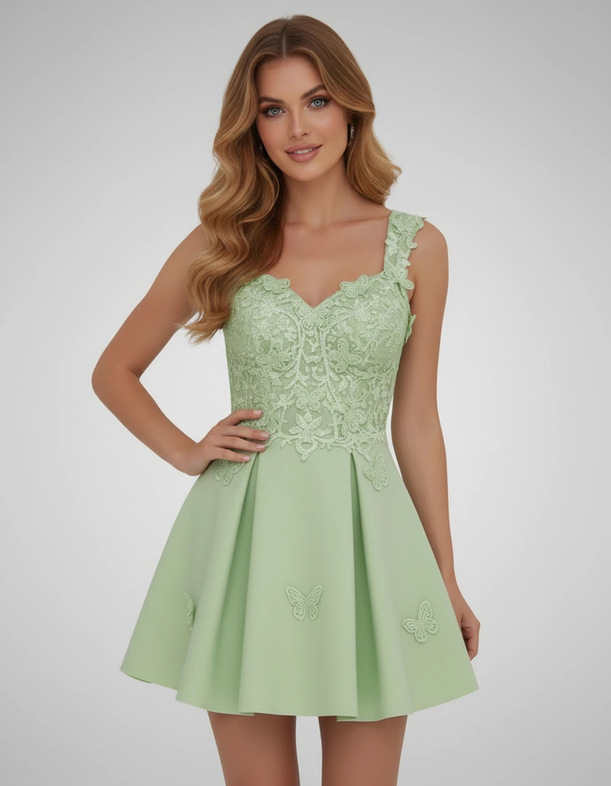 Papillon Mini Dress — Sage | SKU: SD-77123-sage-2,SD-77123-sage-4,SD-77123-sage-6,SD-77123-sage-8,SD-77123-sage-10,SD-77123-sage-12,SD-77123-sage-14,SD-77123-sage-14W,SD-77123-sage-16,SD-77123-sage-16W,SD-77123-sage-18W,SD-77123-sage-20W