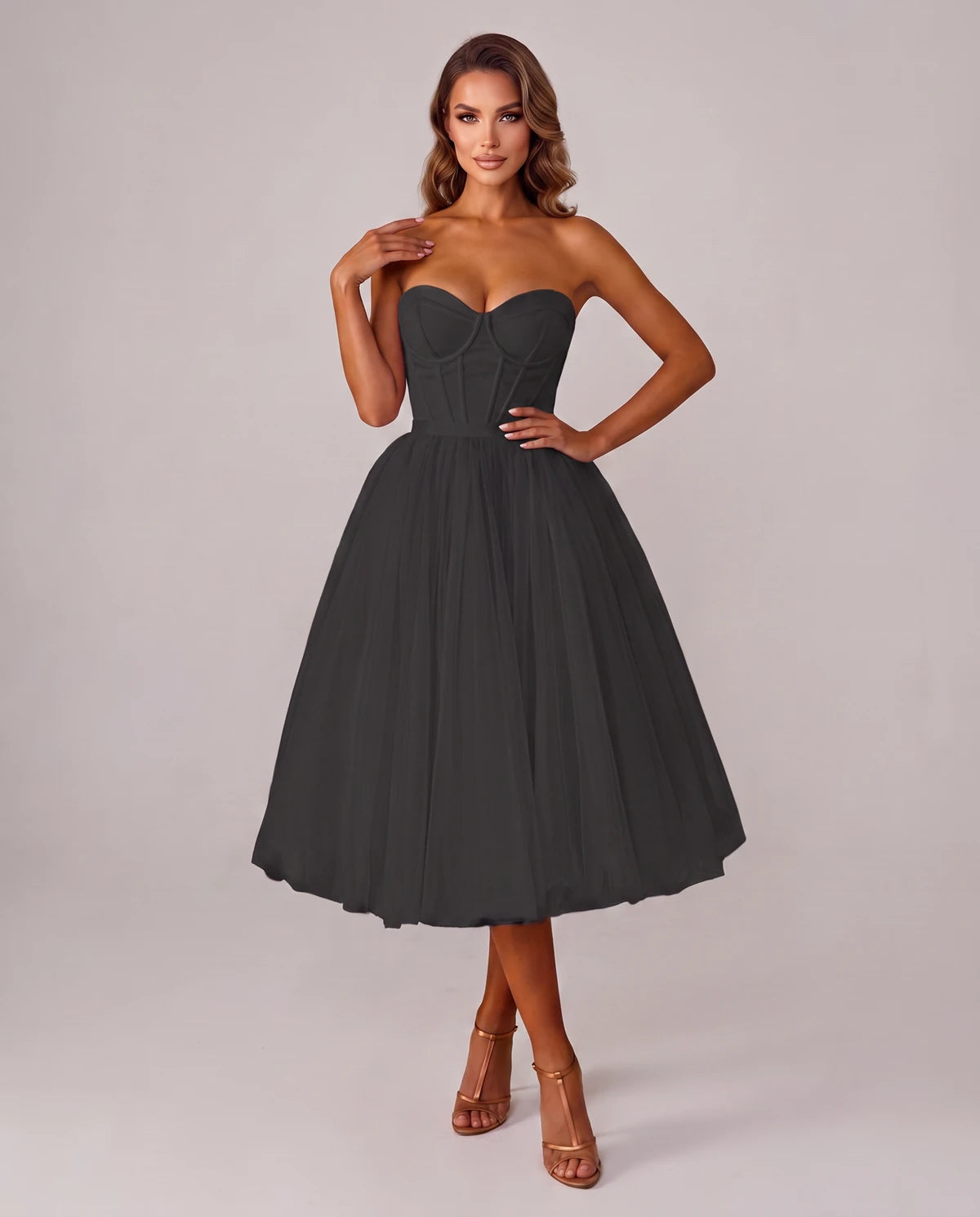 Pomona Midi Dresses — Black | SKU: SD-38566-black-2,SD-38566-black-4,SD-38566-black-6,SD-38566-black-8,SD-38566-black-10,SD-38566-black-12,SD-38566-black-14,SD-38566-black-14W,SD-38566-black-16,SD-38566-black-16W,SD-38566-black-18W,SD-38566-black-20W