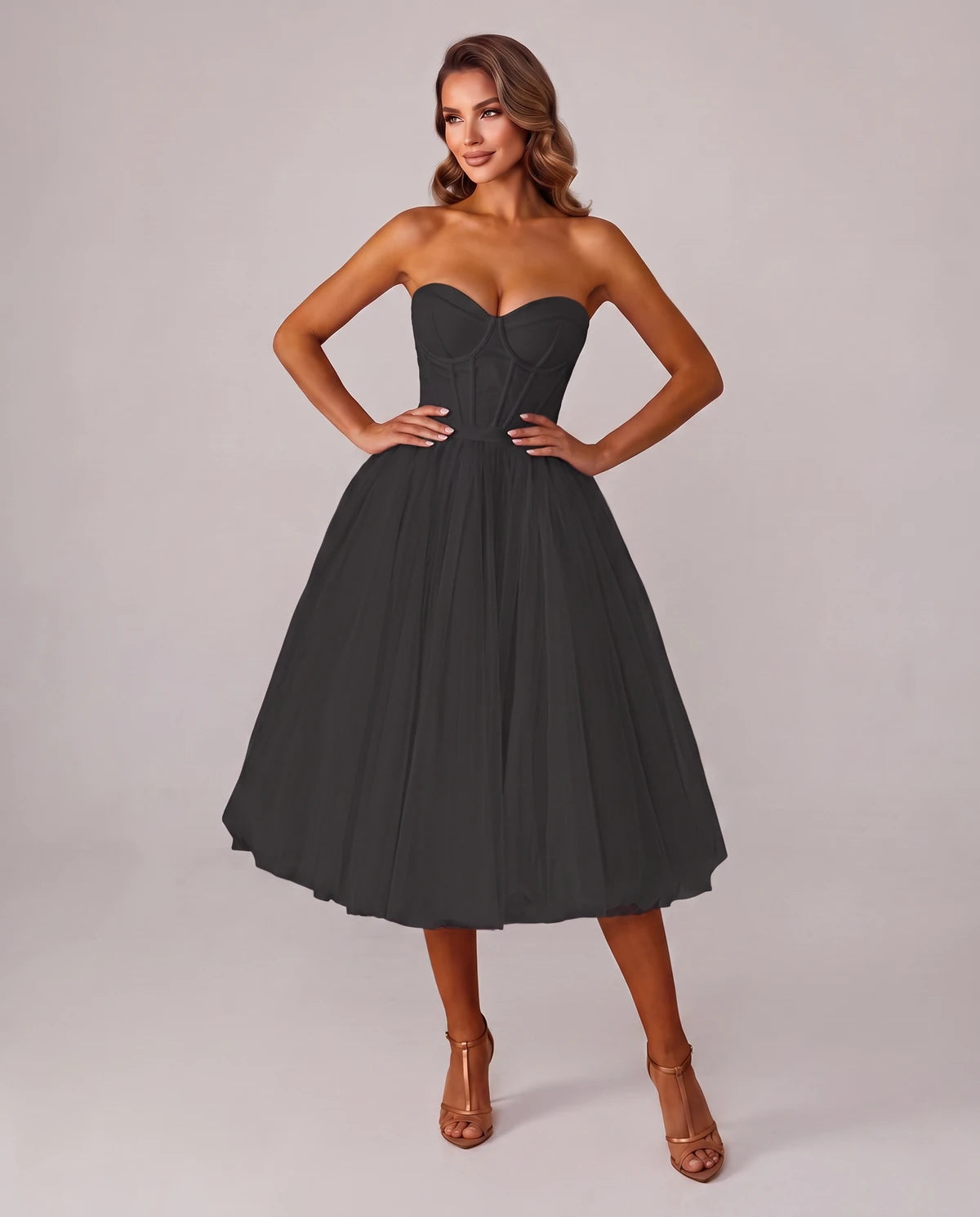 Pomona Midi Dresses — Black | SKU: SD-38566-black-2,SD-38566-black-4,SD-38566-black-6,SD-38566-black-8,SD-38566-black-10,SD-38566-black-12,SD-38566-black-14,SD-38566-black-14W,SD-38566-black-16,SD-38566-black-16W,SD-38566-black-18W,SD-38566-black-20W