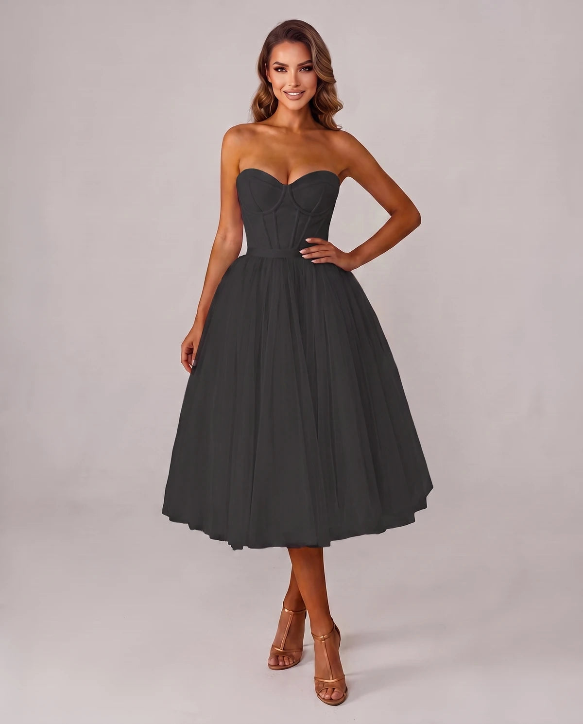 Pomona Midi Dresses — Black | SKU: SD-38566-black-2,SD-38566-black-4,SD-38566-black-6,SD-38566-black-8,SD-38566-black-10,SD-38566-black-12,SD-38566-black-14,SD-38566-black-14W,SD-38566-black-16,SD-38566-black-16W,SD-38566-black-18W,SD-38566-black-20W