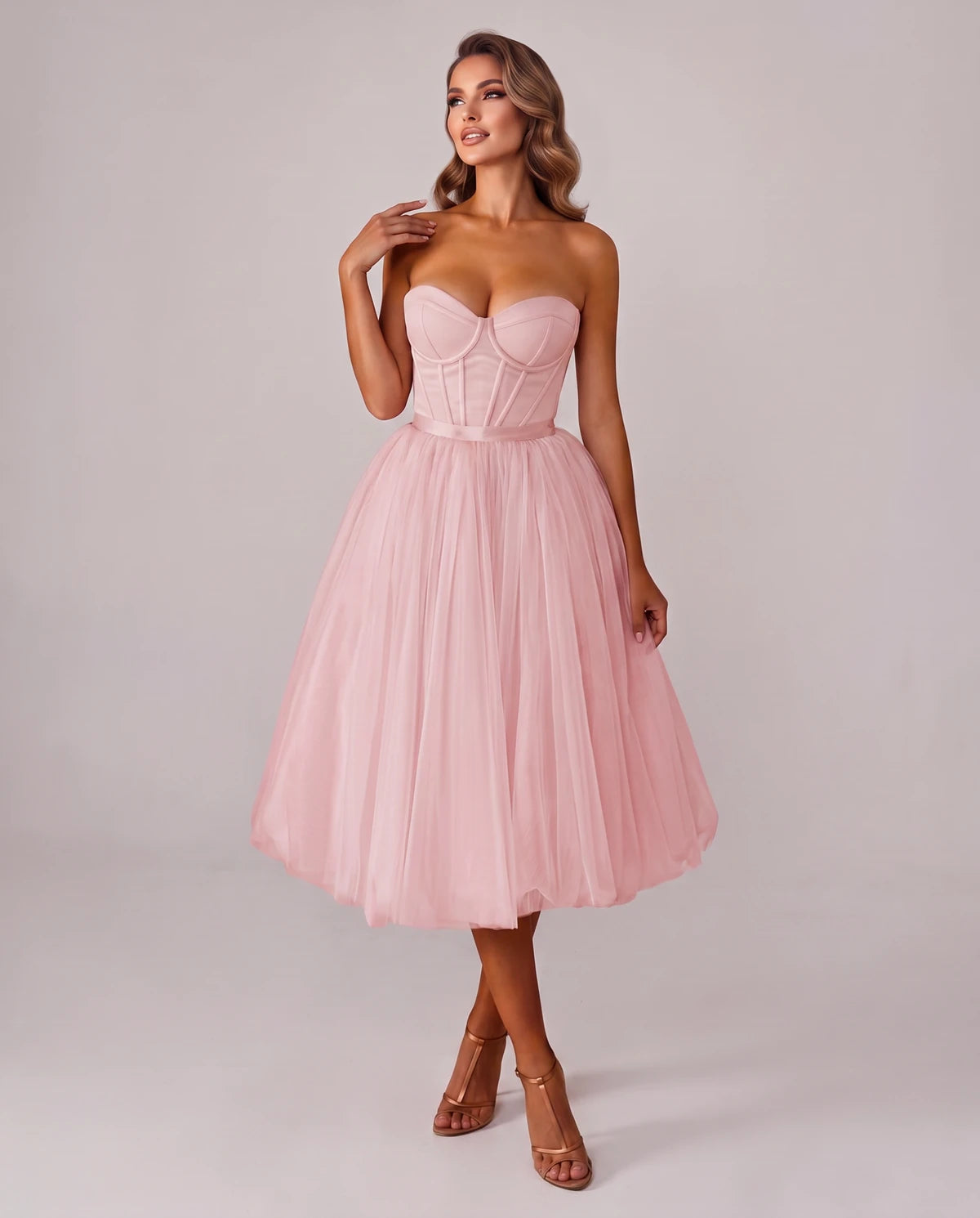 Pomona Midi Dresses — Pink | SKU: SD-38566-pink-2,SD-38566-pink-4,SD-38566-pink-6,SD-38566-pink-8,SD-38566-pink-10,SD-38566-pink-12,SD-38566-pink-14,SD-38566-pink-14W,SD-38566-pink-16,SD-38566-pink-16W,SD-38566-pink-18W,SD-38566-pink-20W