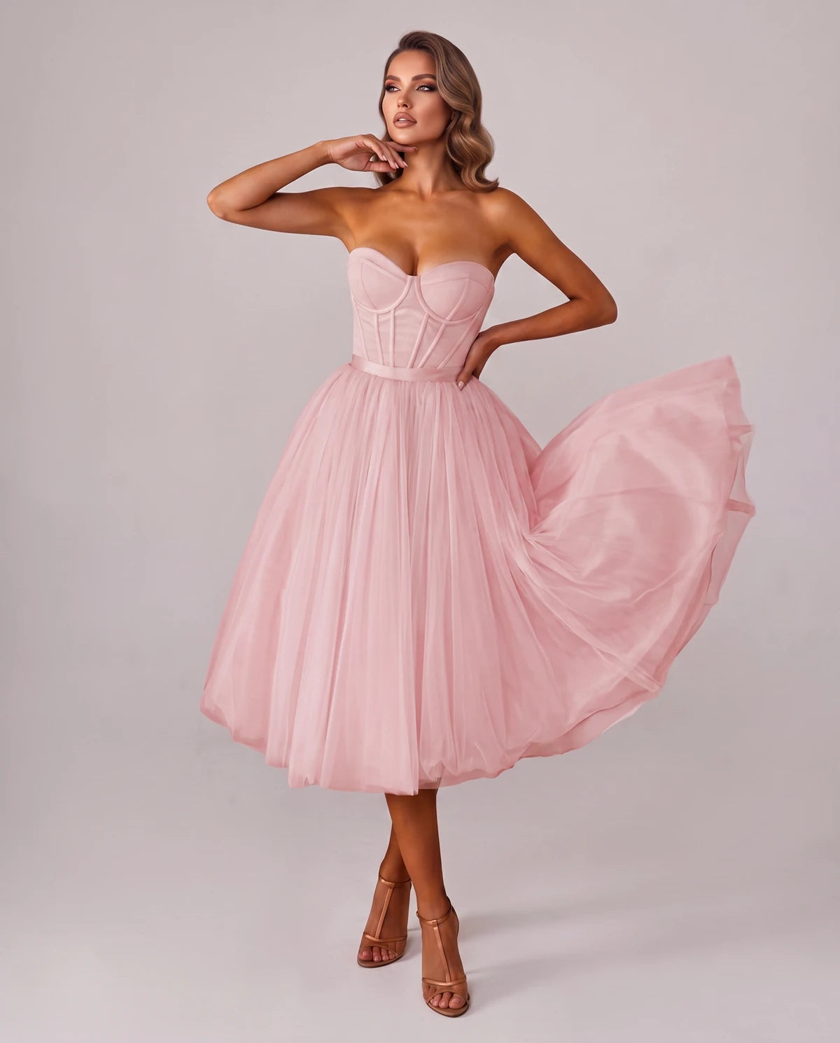 Pomona Midi Dresses — Pink | SKU: SD-38566-pink-2,SD-38566-pink-4,SD-38566-pink-6,SD-38566-pink-8,SD-38566-pink-10,SD-38566-pink-12,SD-38566-pink-14,SD-38566-pink-14W,SD-38566-pink-16,SD-38566-pink-16W,SD-38566-pink-18W,SD-38566-pink-20W