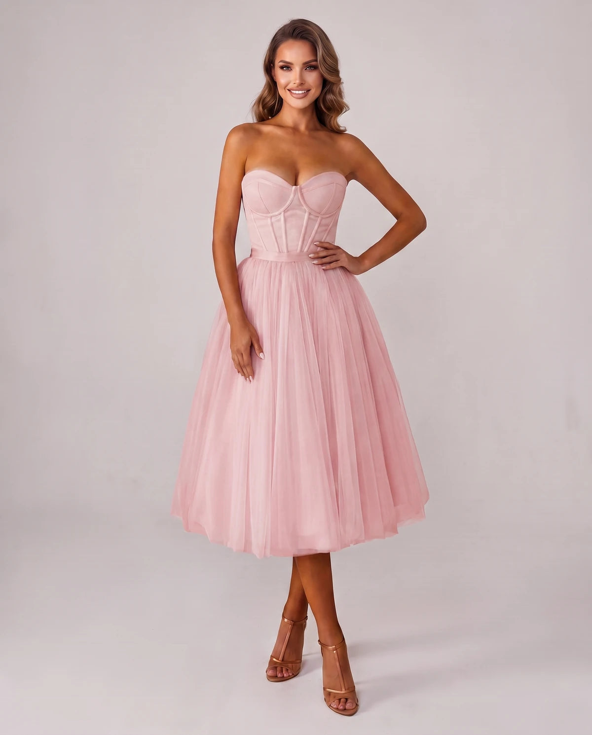 Pomona Midi Dresses — Pink | SKU: SD-38566-pink-2,SD-38566-pink-4,SD-38566-pink-6,SD-38566-pink-8,SD-38566-pink-10,SD-38566-pink-12,SD-38566-pink-14,SD-38566-pink-14W,SD-38566-pink-16,SD-38566-pink-16W,SD-38566-pink-18W,SD-38566-pink-20W