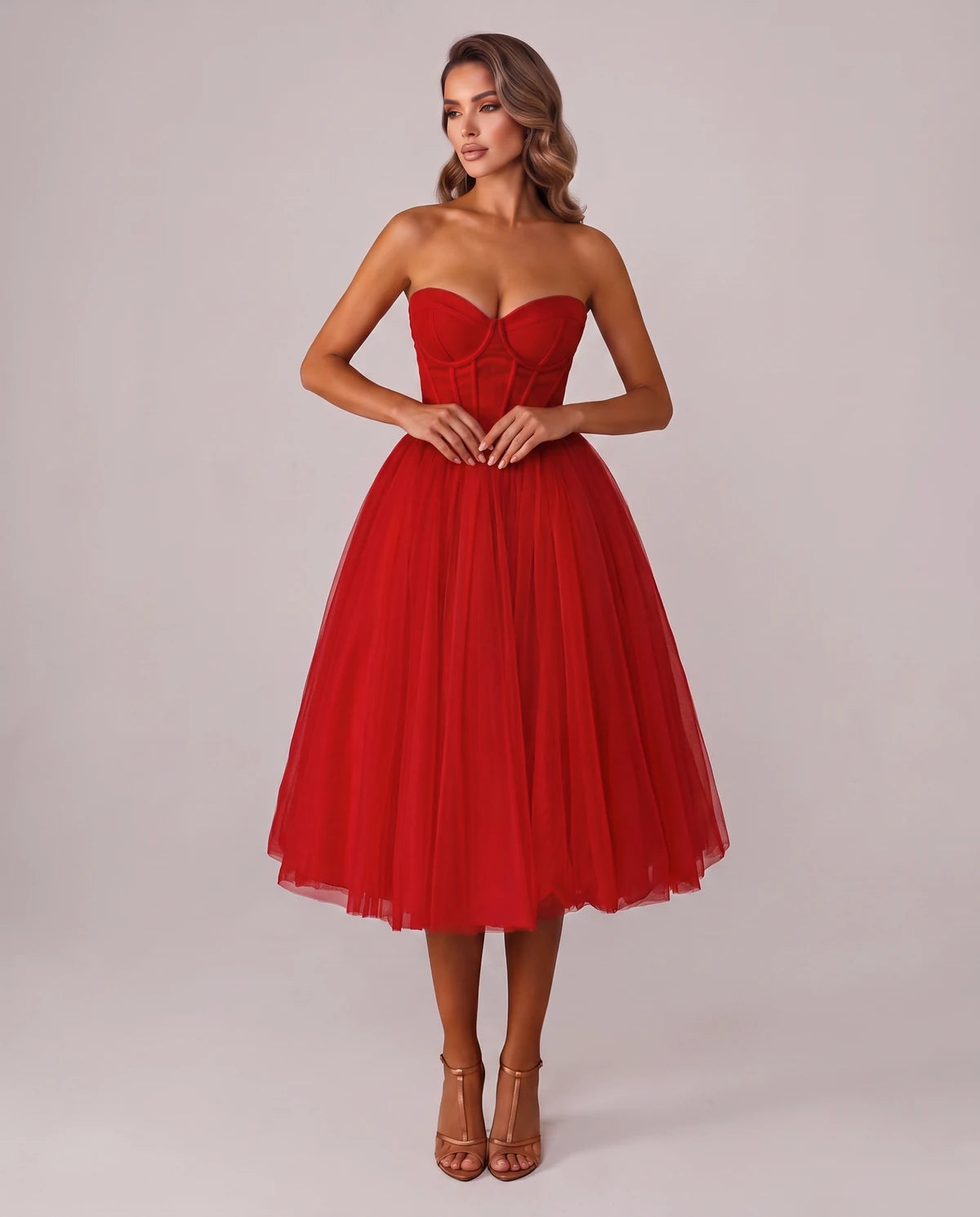 Pomona Midi Dresses — Red | SKU: SD-38566-red-2,SD-38566-red-4,SD-38566-red-6,SD-38566-red-8,SD-38566-red-10,SD-38566-red-12,SD-38566-red-14,SD-38566-red-14W,SD-38566-red-16,SD-38566-red-16W,SD-38566-red-18W,SD-38566-red-20W