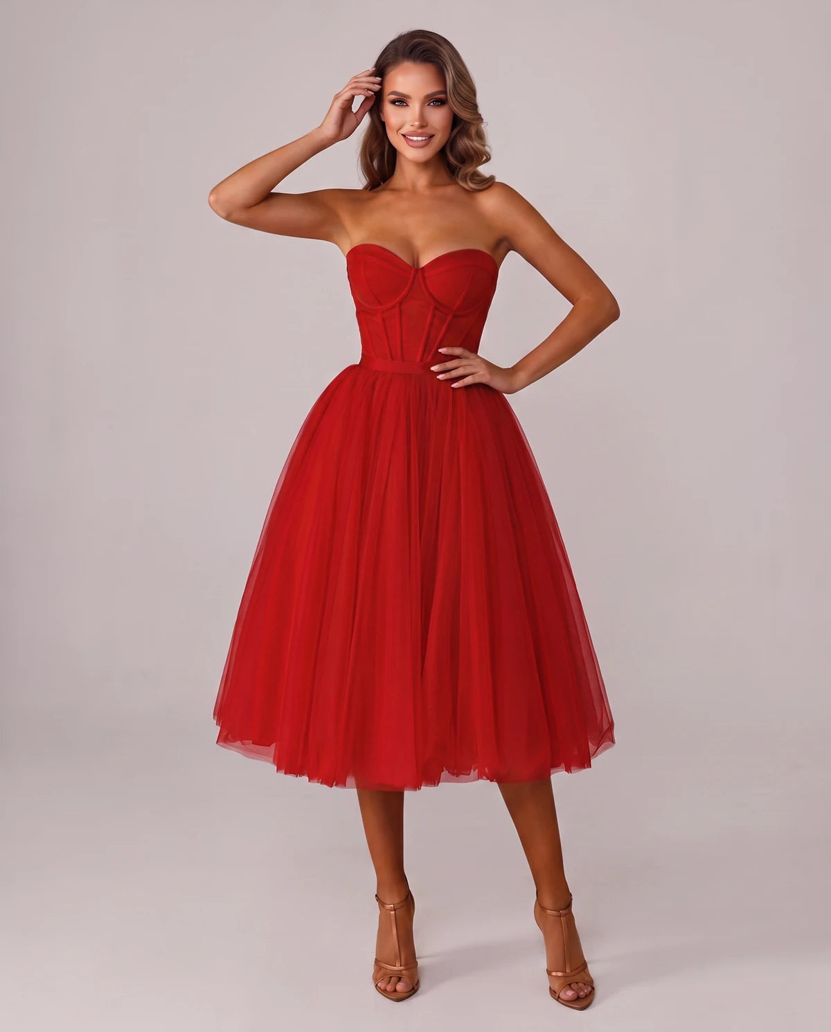 Pomona Midi Dresses — Red | SKU: SD-38566-red-2,SD-38566-red-4,SD-38566-red-6,SD-38566-red-8,SD-38566-red-10,SD-38566-red-12,SD-38566-red-14,SD-38566-red-14W,SD-38566-red-16,SD-38566-red-16W,SD-38566-red-18W,SD-38566-red-20W
